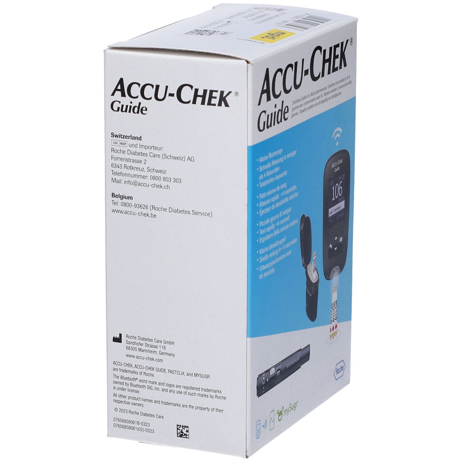 Confezione di Accu-Chek Guide. Sulla scatola sono raffigurati un misuratore di glicemia, strisce reattive e accessori.