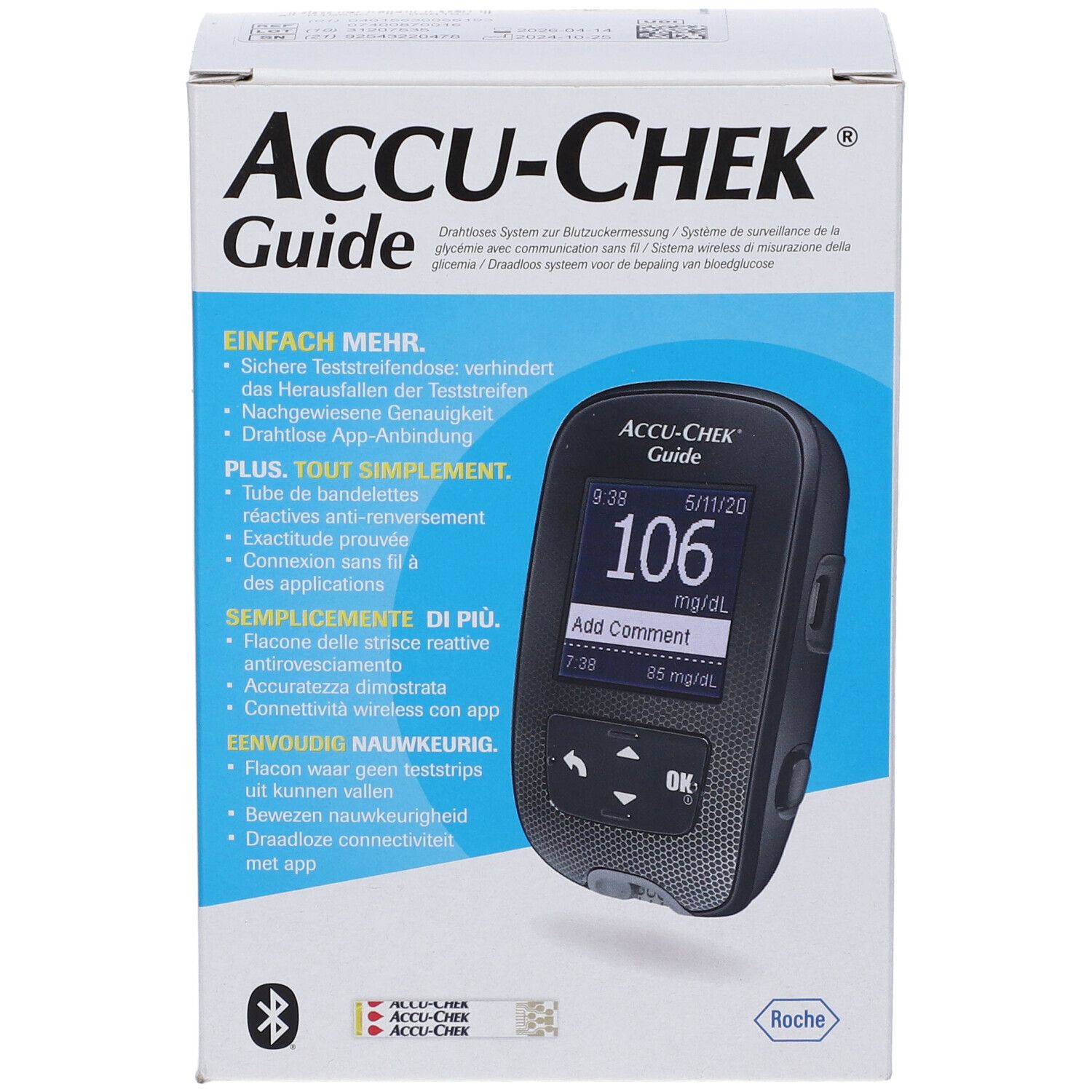Confezione di Accu-Chek Guide. Sulla scatola è raffigurato un misuratore di glicemia. Display: 106 mg/dL.