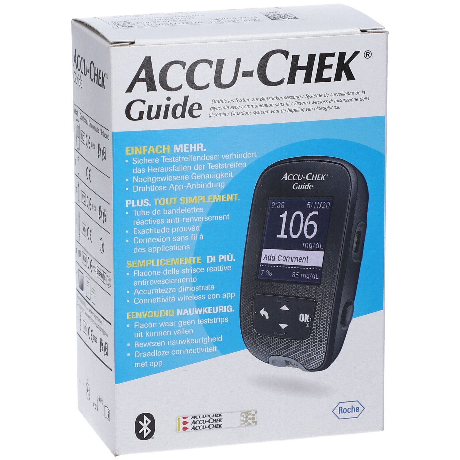 Confezione di Accu-Chek Guide. Sulla scatola è raffigurato un misuratore di glicemia. Display: 106 mg/dL.