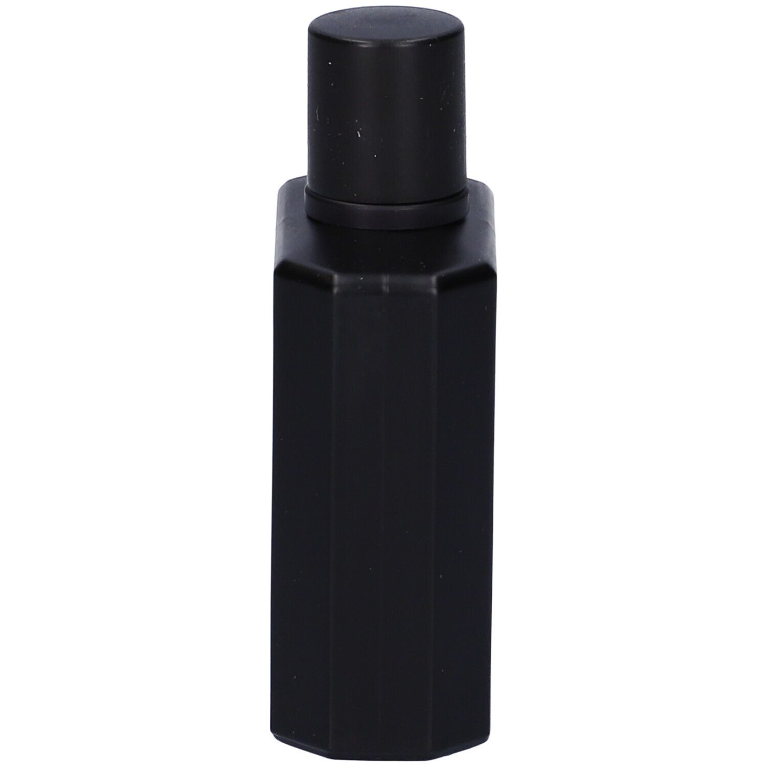 Flacone nero con tappo nero. Forma geometrica.