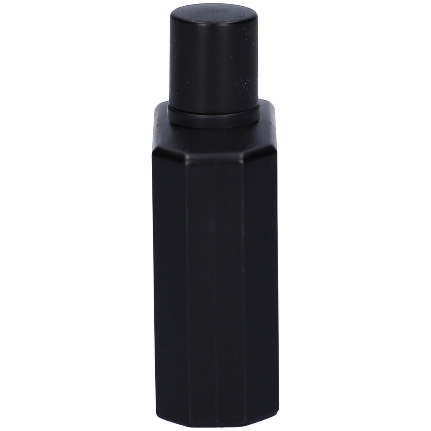 Flacone nero con tappo nero. Forma geometrica.