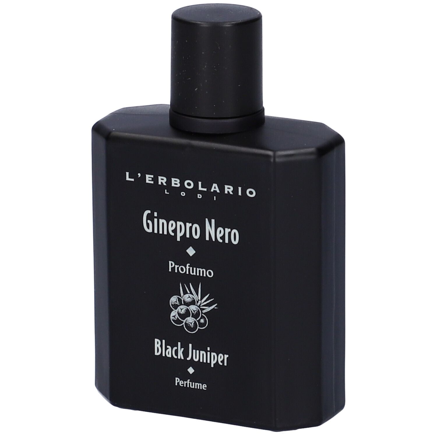 Flacone nero con tappo nero. Nome del prodotto e illustrazione di bacche.