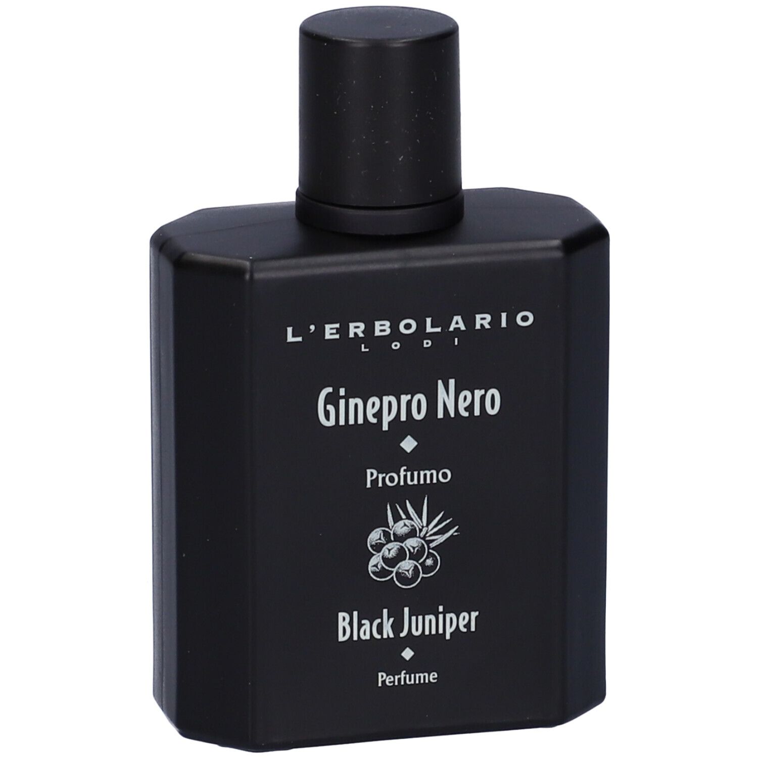 Flacone nero con tappo nero. Nome del prodotto e illustrazione di bacche.
