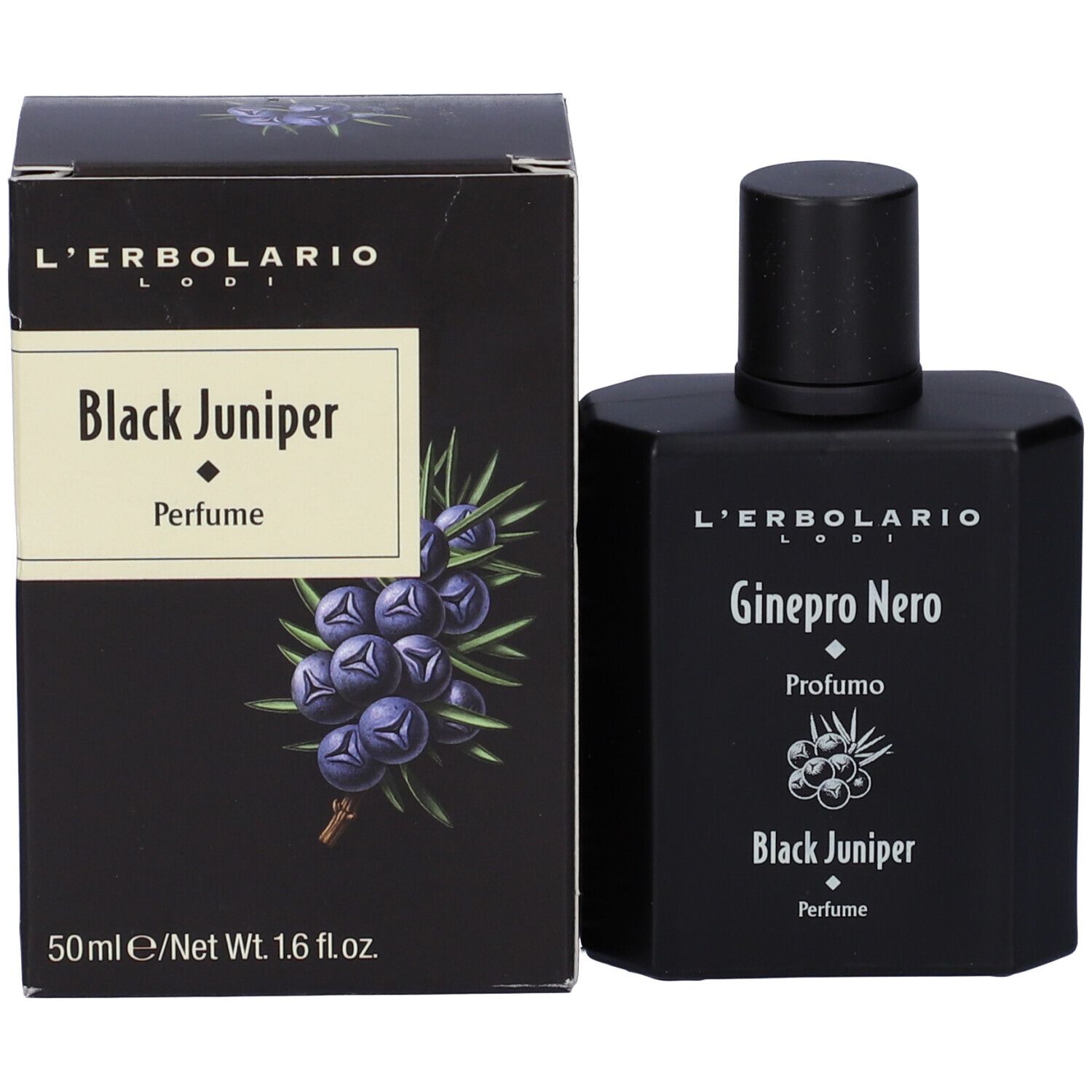 Flacone e scatola del prodotto. Flacone nero con tappo nero. Nome del prodotto.