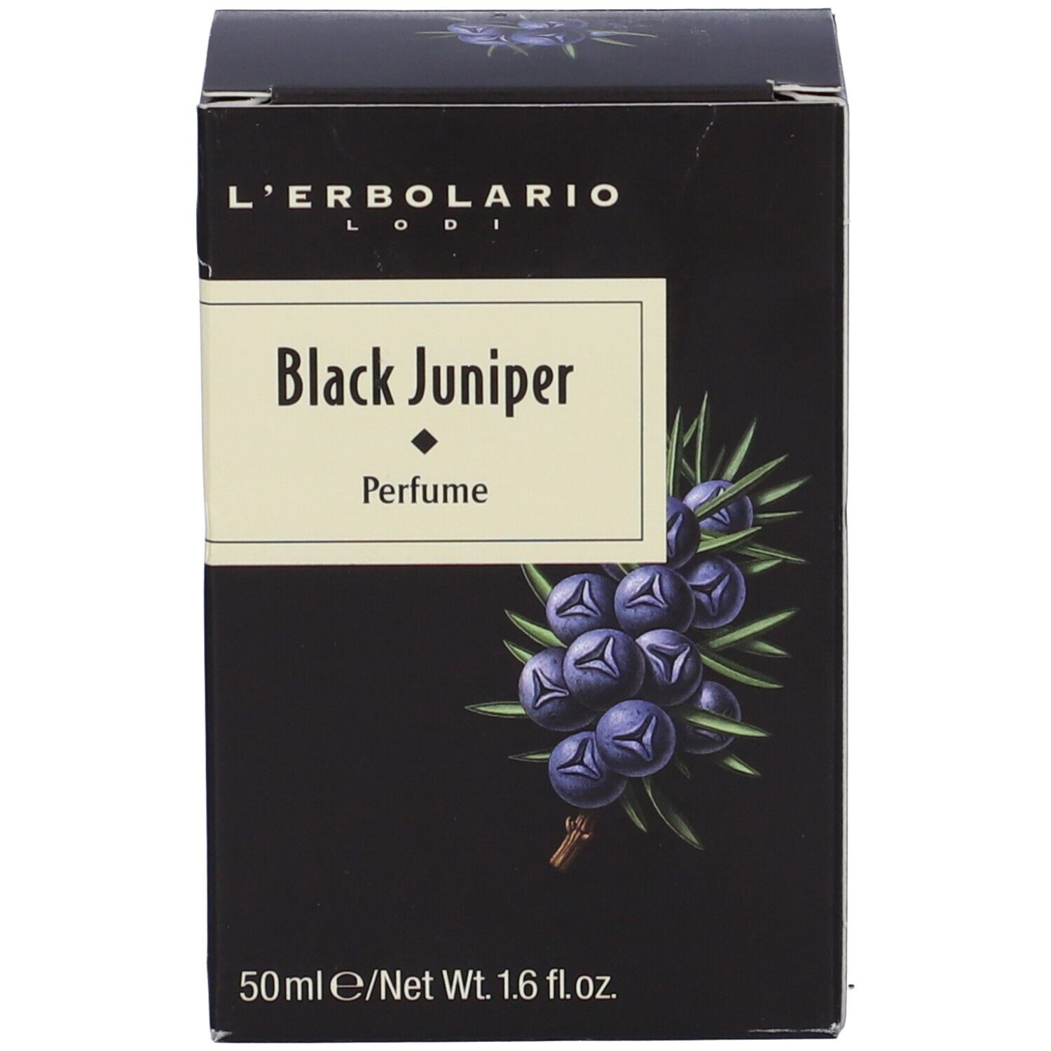 Scatola nera con nome del prodotto e illustrazione di bacche.