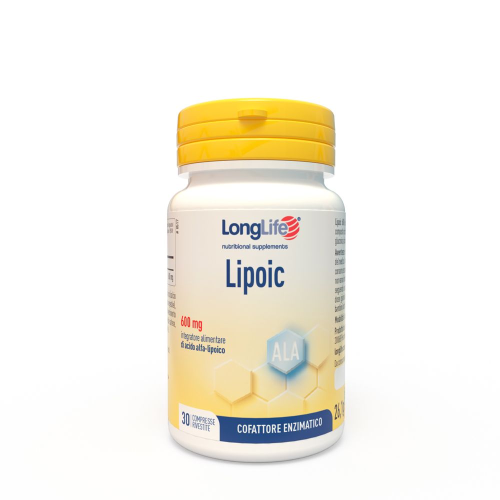 Flacone bianco con tappo giallo. Scritta: LongLife Lipoic 600 mg. 30 compresse. Simbolo ALA.