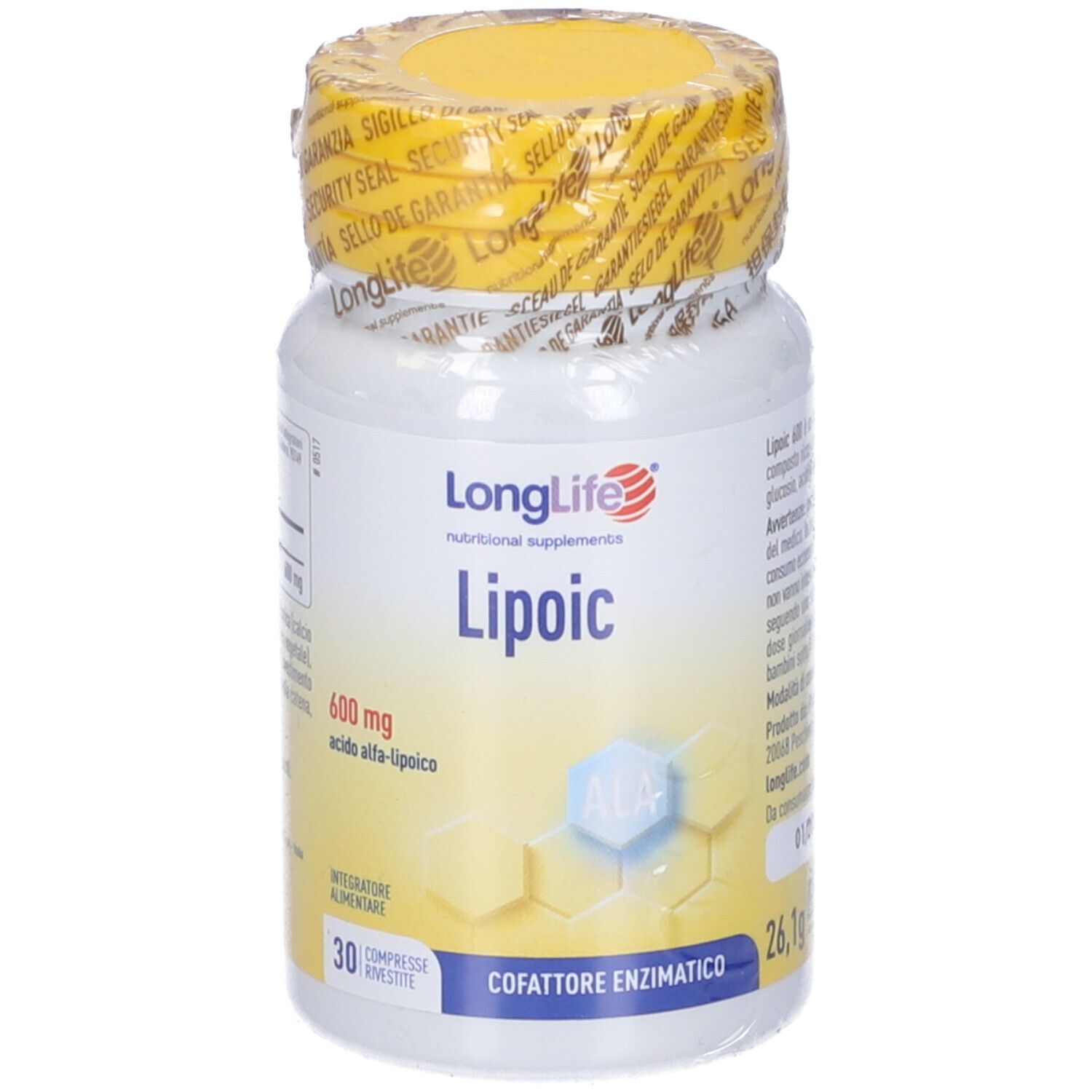 Flacone bianco con tappo giallo, sigillato. Scritta: LongLife Lipoic 600 mg. 30 compresse. Simbolo ALA.
