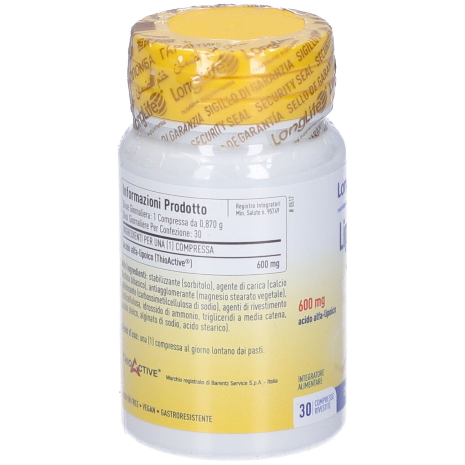 Retro del flacone bianco. Testo: ingredienti, dosaggio, informazioni produttore. 30 compresse. Senza glutine, vegano.