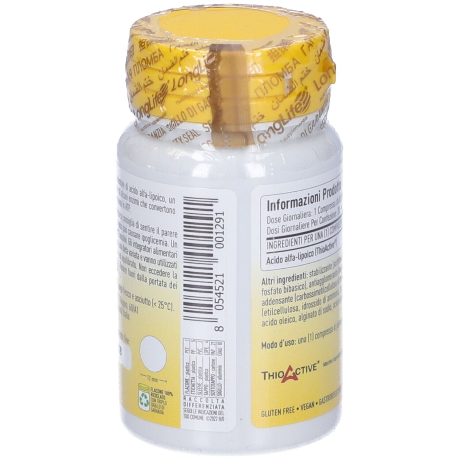 Retro del flacone bianco. Testo: ingredienti, dosaggio, informazioni produttore. Senza glutine, vegano.