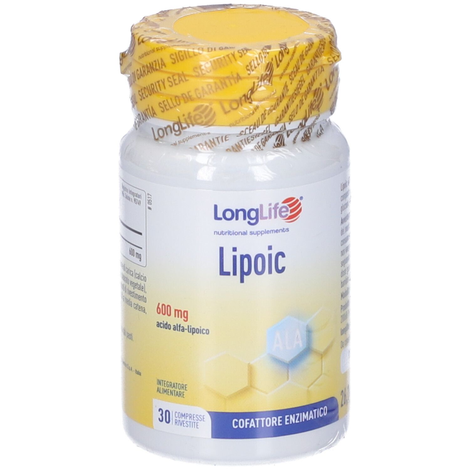 Flacone bianco con tappo giallo, sigillato. Scritta: LongLife Lipoic 600 mg. 30 compresse. Simbolo ALA.