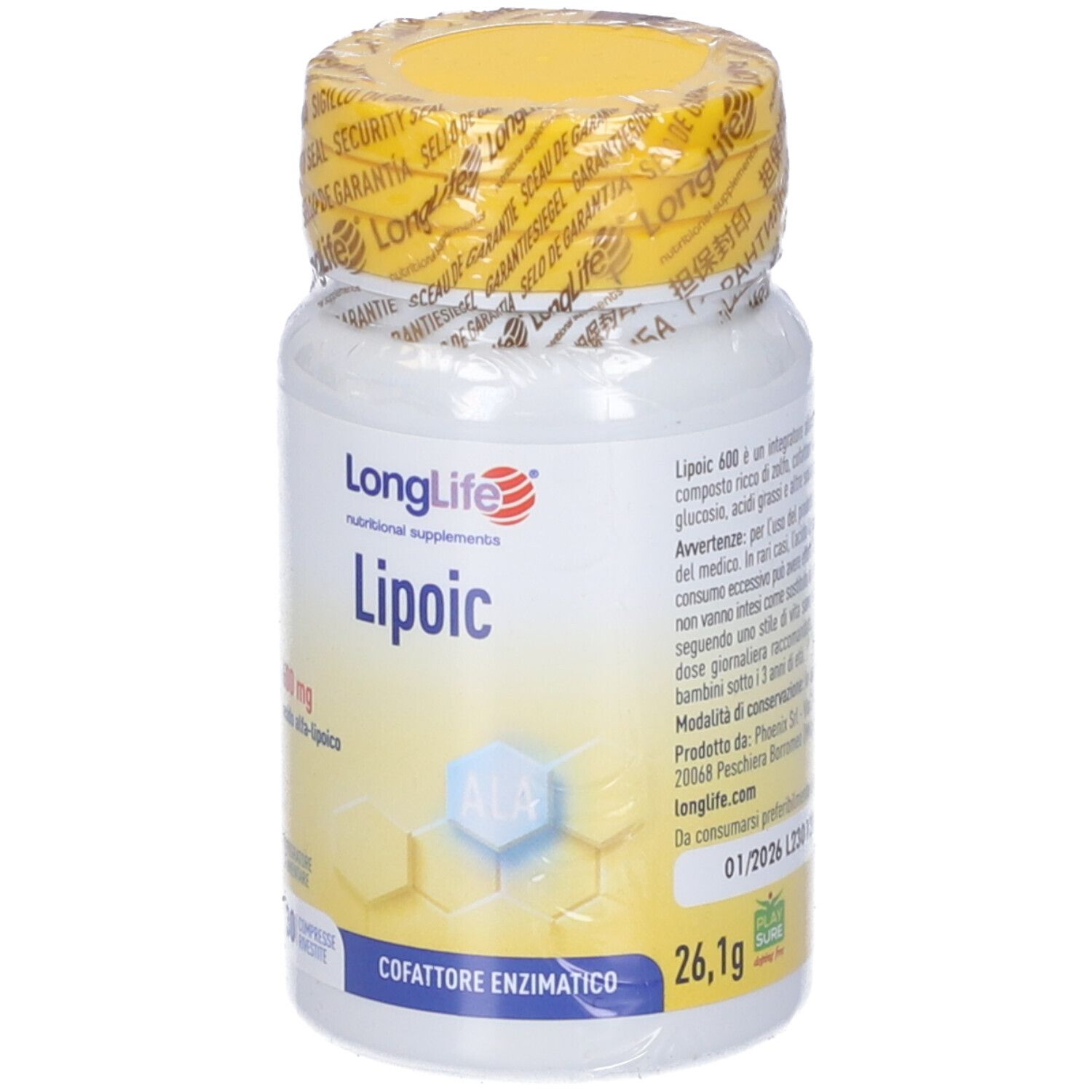 Flacone bianco con tappo giallo, sigillato. Scritta: LongLife Lipoic 600 mg. 30 compresse. Simbolo ALA.