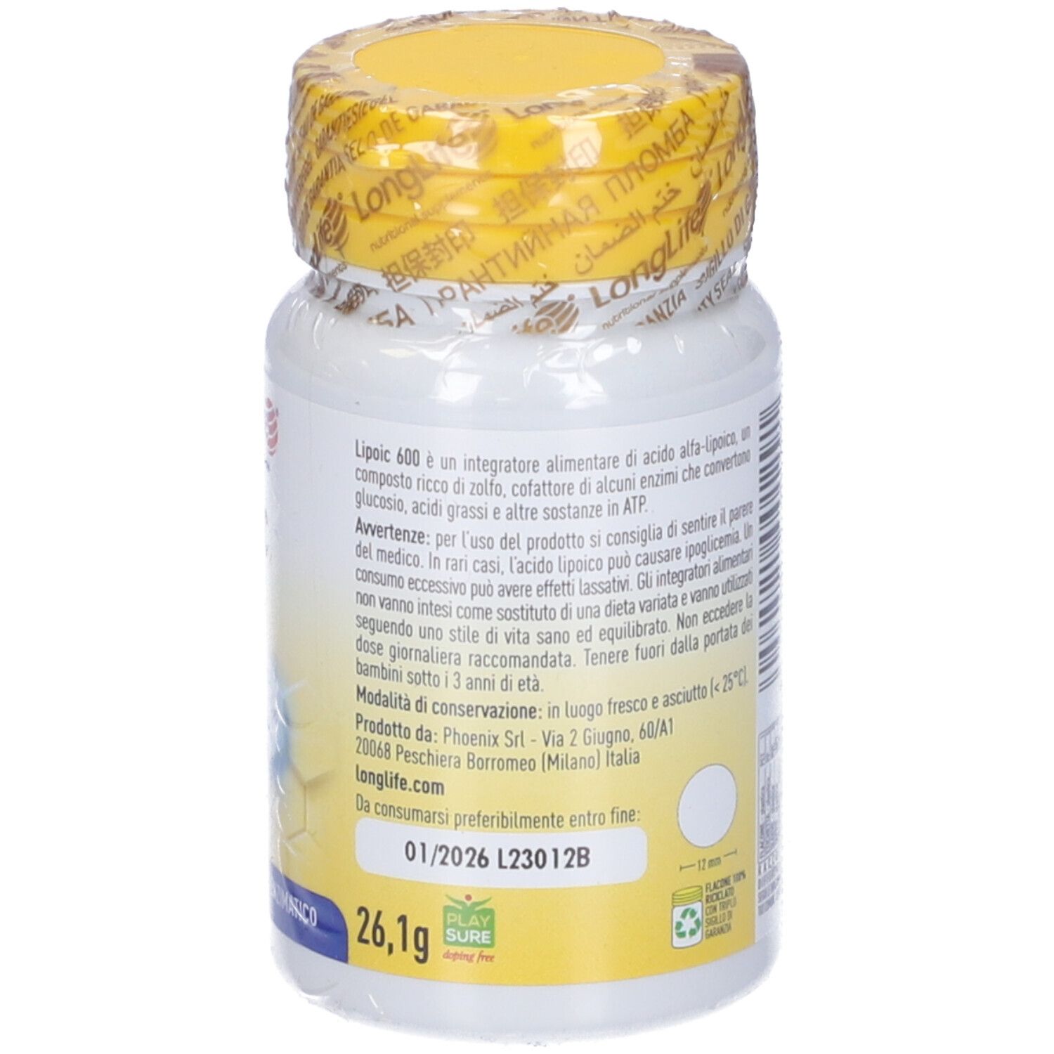Retro del flacone bianco. Testo: ingredienti, dosaggio, informazioni produttore. 26,1g. Da consumarsi preferibilmente entro 01/2026.