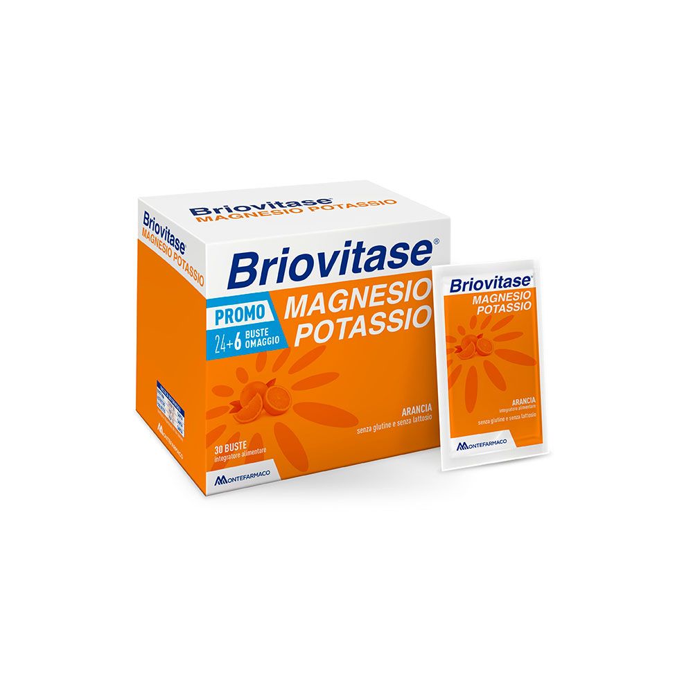 Karton mit Briovitase® Magnesium und Kalium - Orange. Enthält 30 Beutel. Aufdruck: Promo 24+6 gratis.