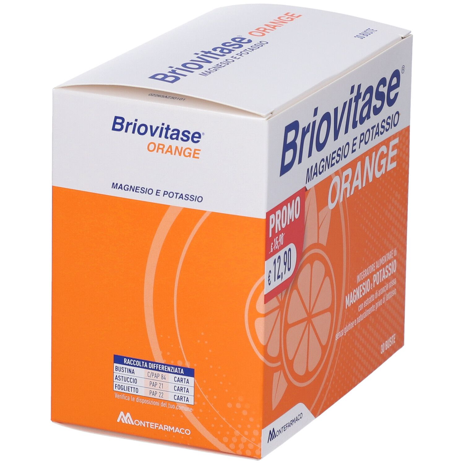 Briovitase® Magnesium und Kalium - Orange-Verpackung. Enthält 30 Beutel. Rückseite mit Inhaltsstoffen und Nährwertangaben.