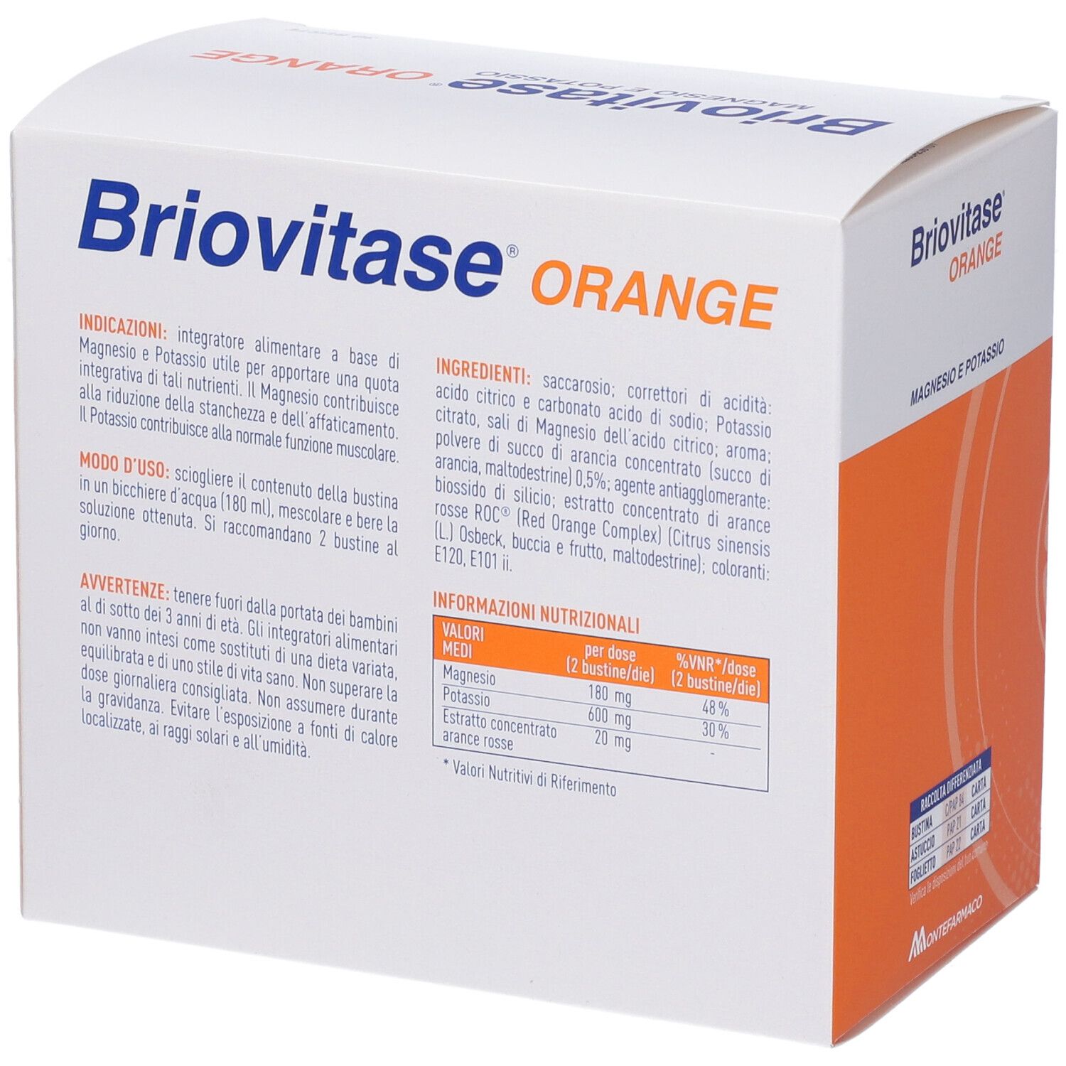 Briovitase® Magnesium und Kalium - Orange-Verpackung. Enthält 30 Beutel. Rückseite mit Inhaltsstoffen und Nährwertangaben.