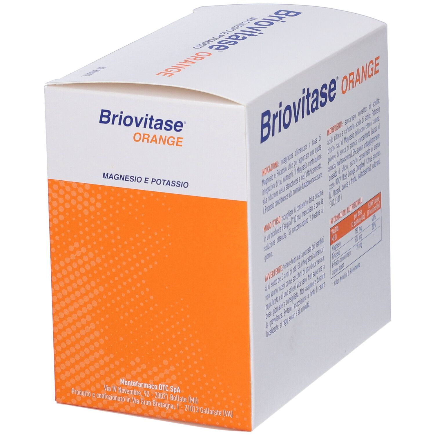 Briovitase® Magnesium und Kalium - Orange-Verpackung. Enthält 30 Beutel. Rückseite mit Inhaltsstoffen und Nährwertangaben.
