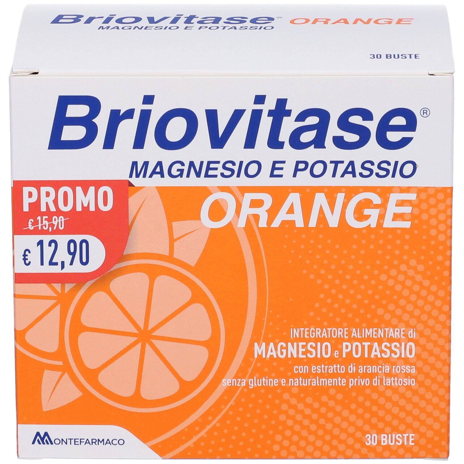 Briovitase® Magnesium und Kalium - Orange-Verpackung. Enthält 30 Beutel. Preis: 12,90€ statt 15,90€. Mit Orangen-Illustration.
