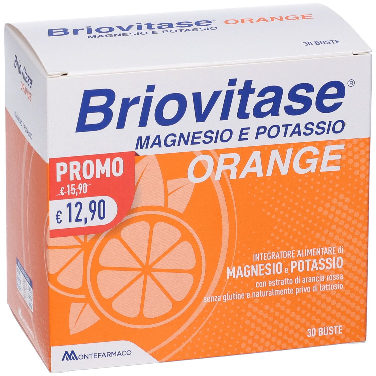 Briovitase® Magnesium und Kalium - Orange-Verpackung. Enthält 30 Beutel. Preis: 12,90€ statt 15,90€. Mit Orangen-Illustration.