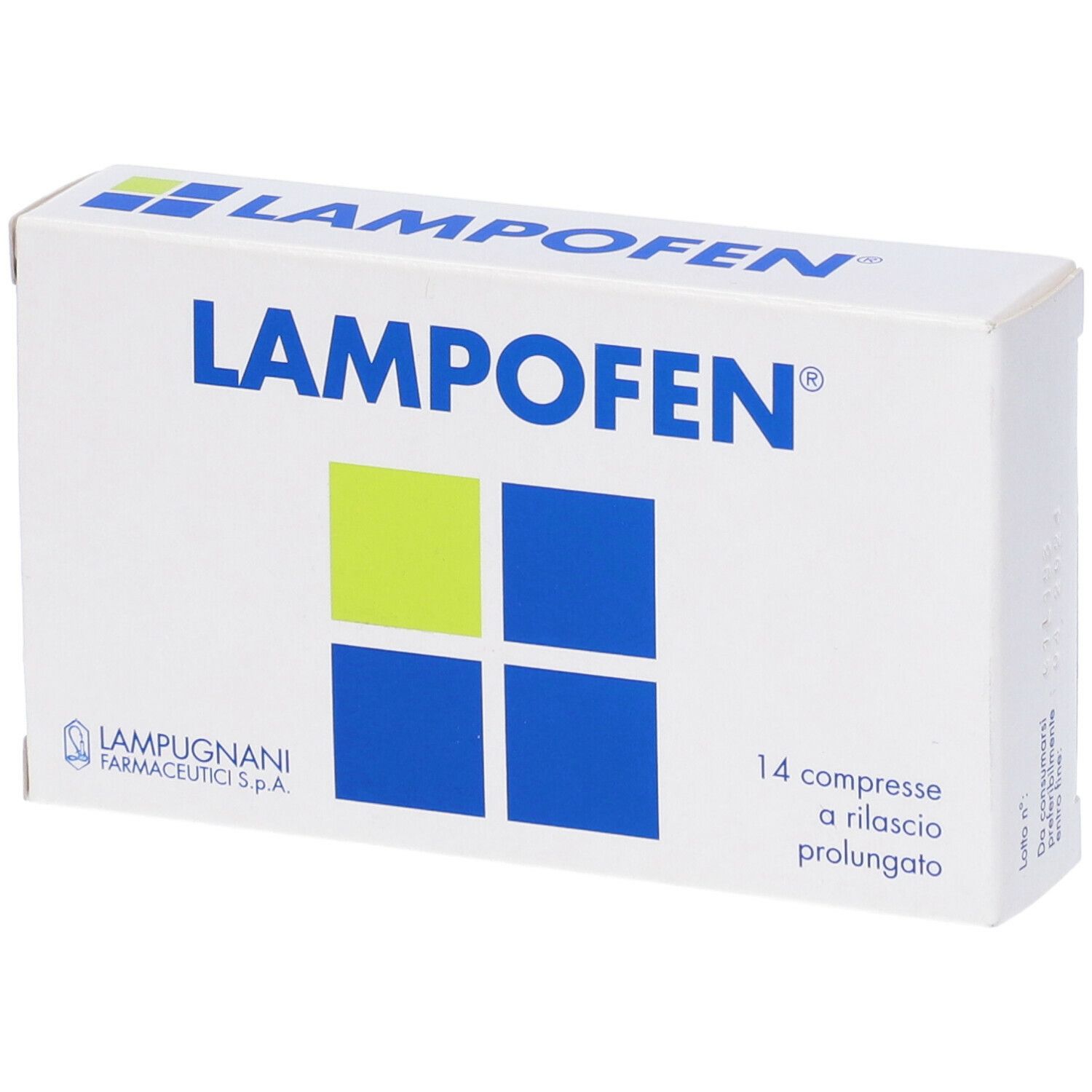 Scatola di compresse Lampofen. Scatola bianca con logo blu e verde. Contiene 14 compresse.