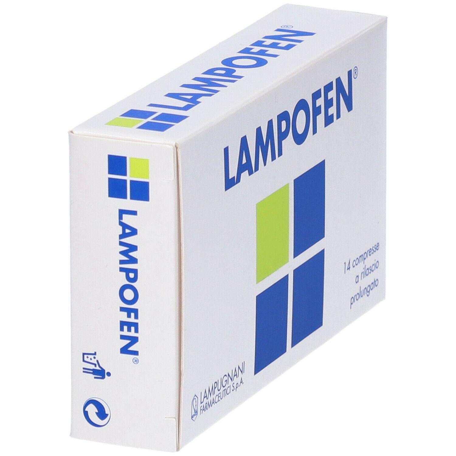Vista angolata della confezione di Lampofen. Scatola bianca con logo blu e verde. 14 compresse.