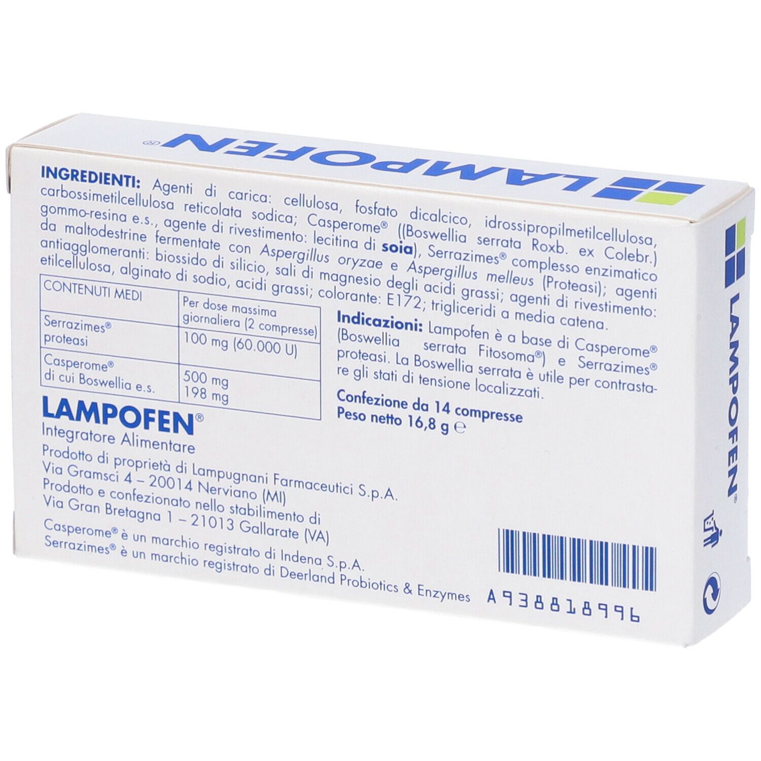 Retro della confezione Lampofen. Contiene informazioni sugli ingredienti e i valori nutrizionali. Testo in italiano.