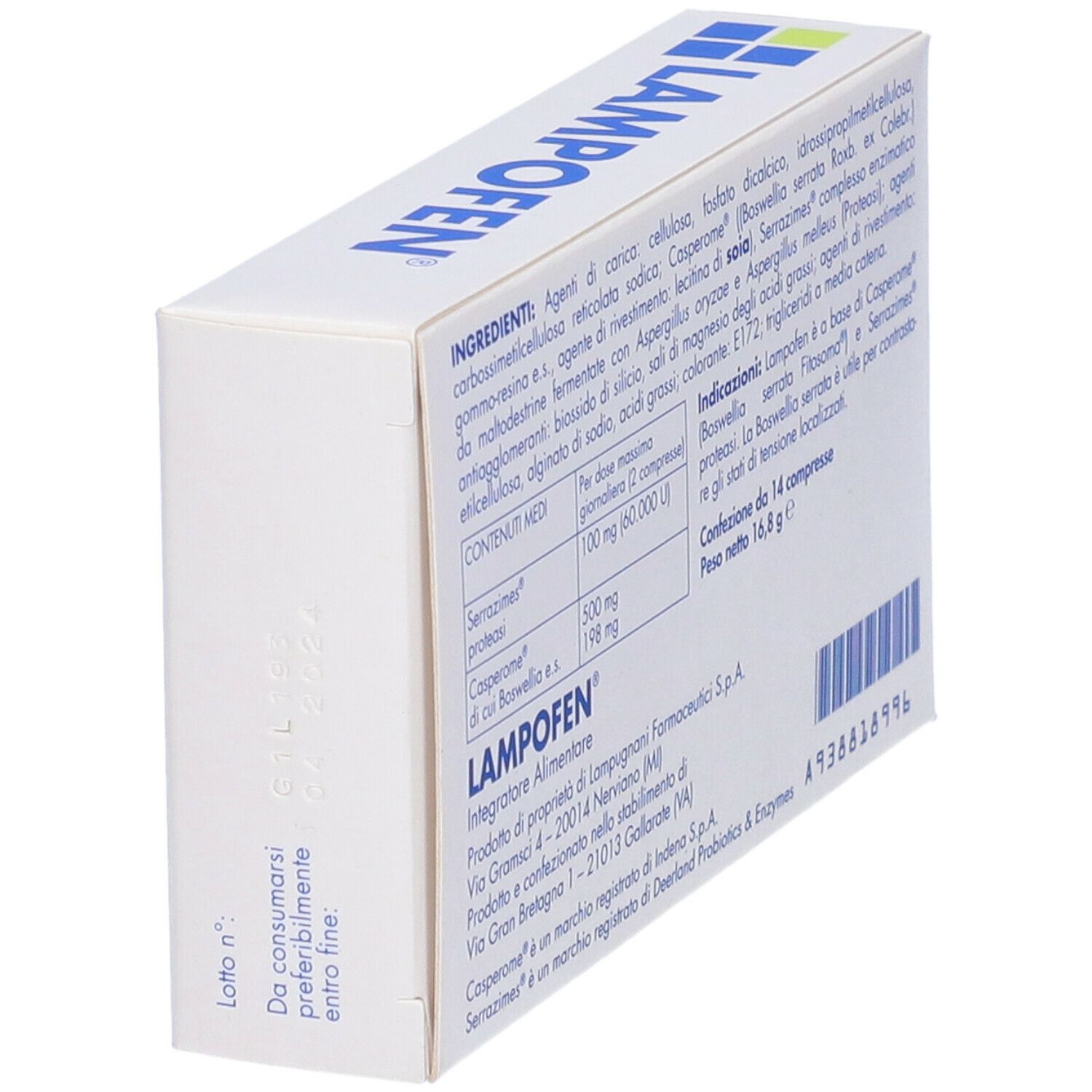 Vista angolata della confezione Lampofen. Retro con ingredienti e valori nutrizionali. Testo italiano.