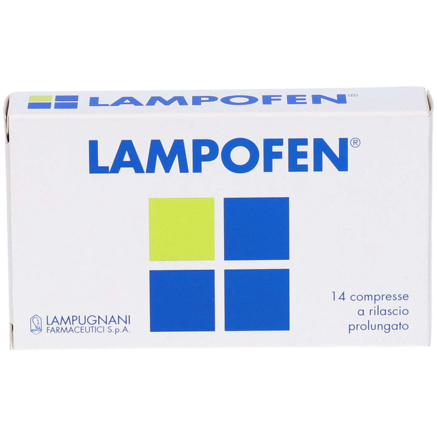 Confezione Lampofen. Scatola bianca con logo blu e verde. 14 compresse. Lampugnani Farmaceutici S.p.A.