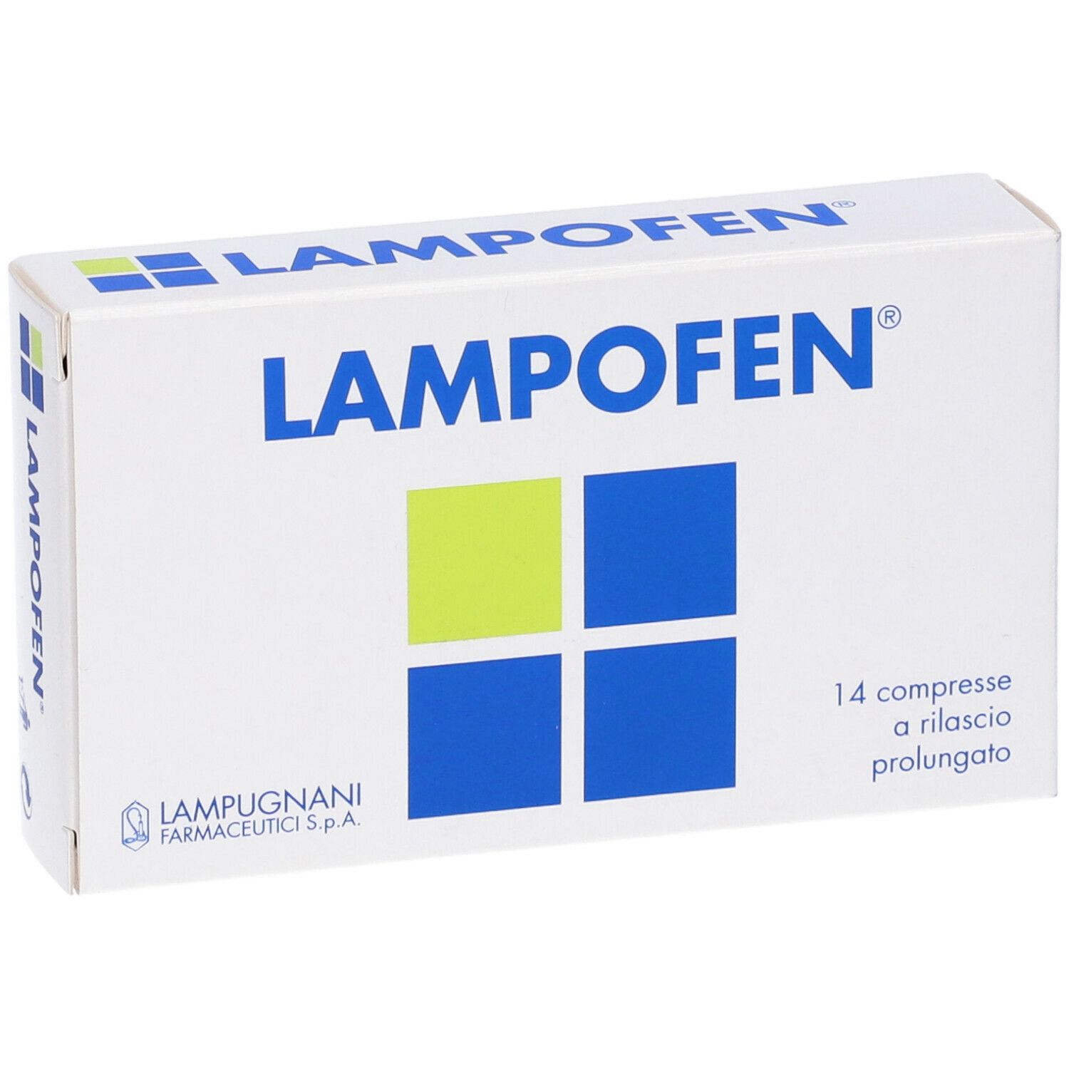 Vista angolata della confezione Lampofen. Scatola bianca con logo blu e verde. 14 compresse.