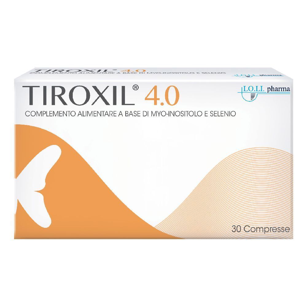 TIROXIL 4.0-Verpackung. Weiße Schachtel mit orangefarbenem Akzent. Enthält 30 Tabletten. Text: Nahrungsergänzungsmittel mit Myo-Inositol und Selen.