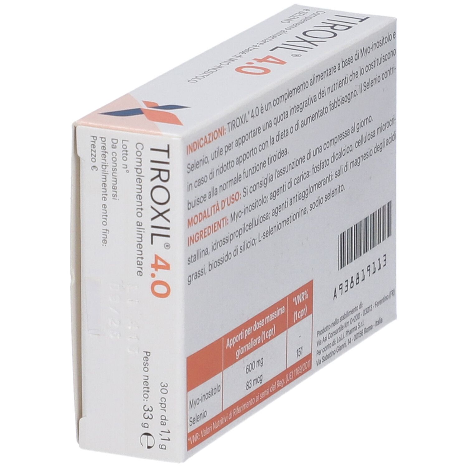 TIROXIL 4.0-Verpackung. Weiße Schachtel mit Text und Nährwertangaben. Enthält 30 Tabletten. Enthält Myo-Inositol und Selen.