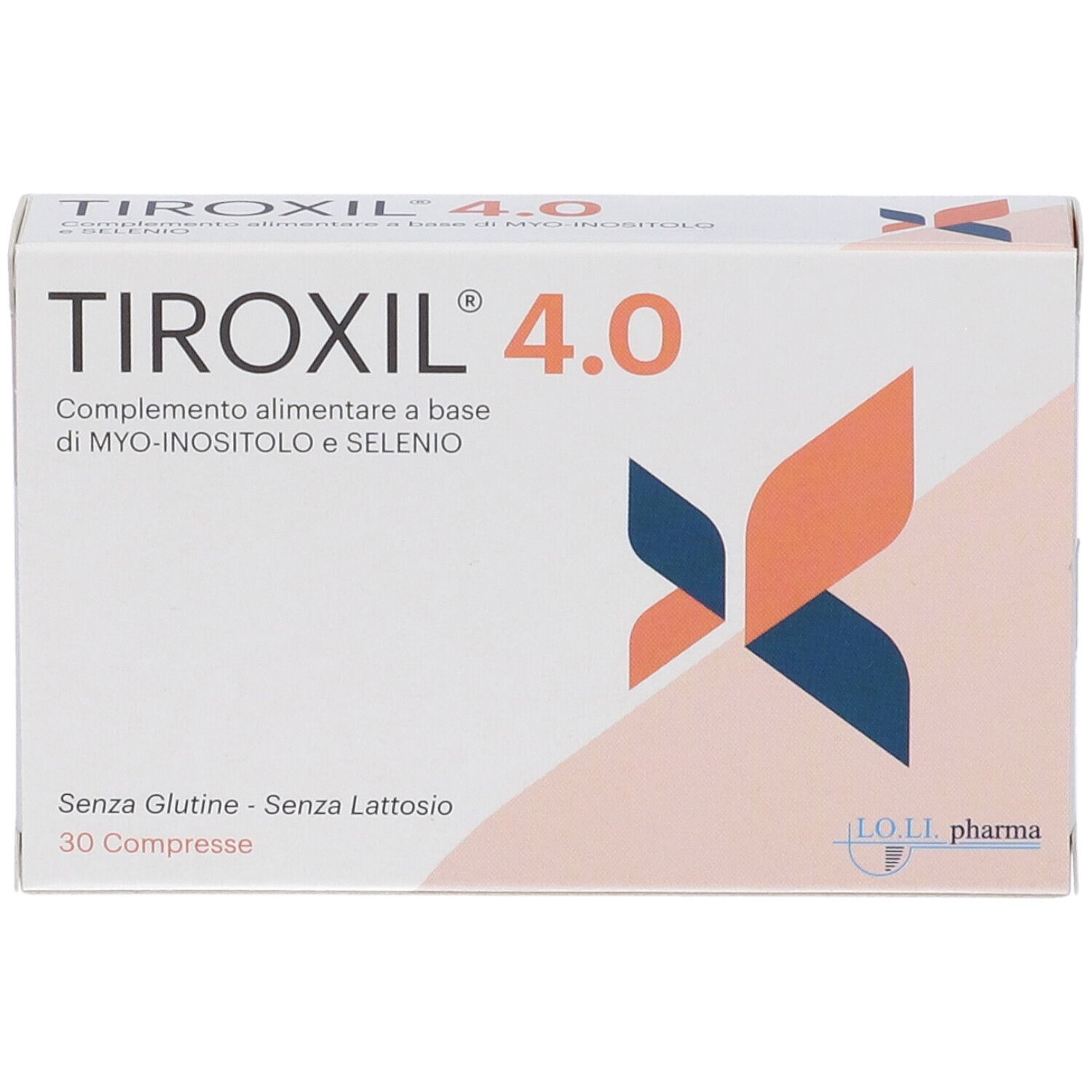 TIROXIL 4.0-Verpackung. Weiße Schachtel mit orangefarbenem und blauem Design. Enthält 30 Tabletten. Gluten- und laktosefrei.