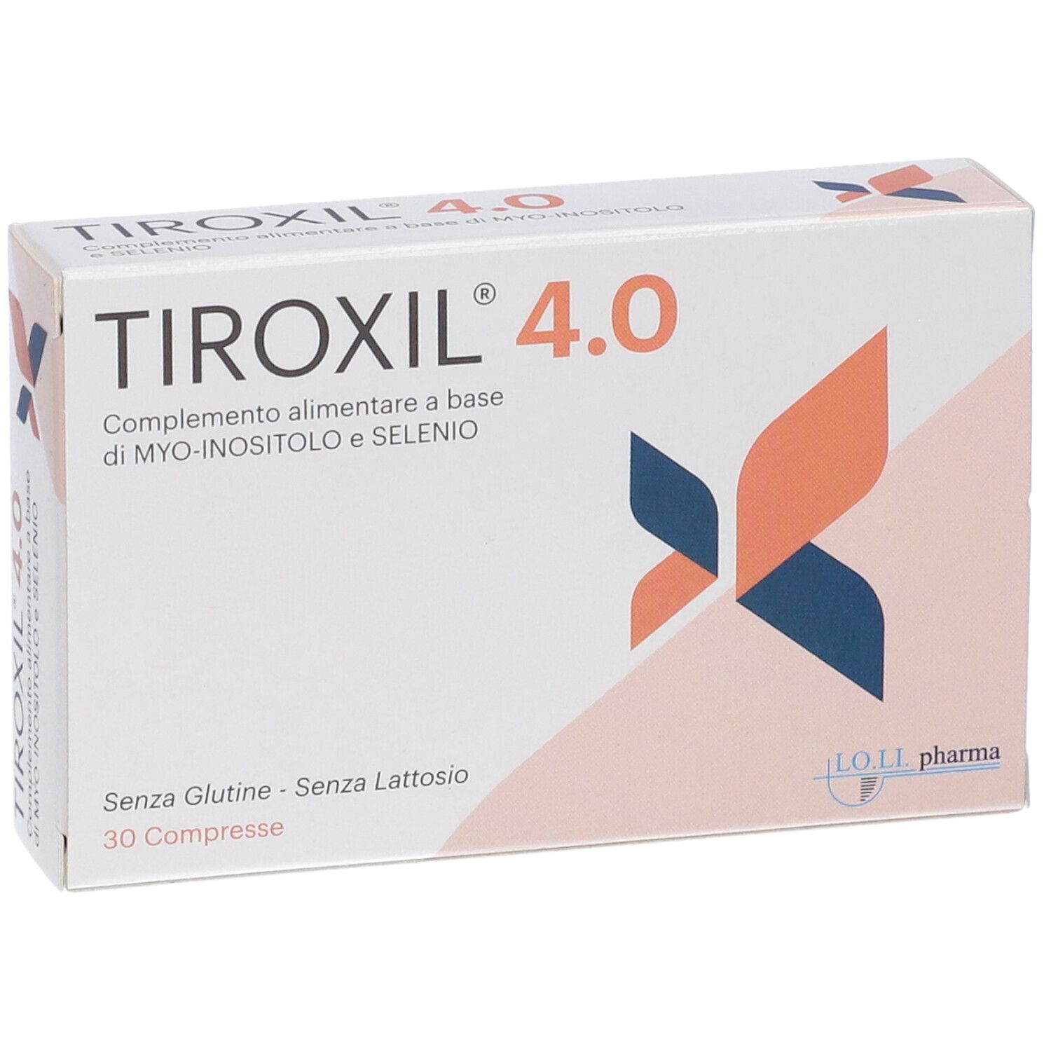 TIROXIL 4.0-Verpackung. Weiße Schachtel mit orangefarbenem und blauem Design. Enthält 30 Tabletten. Gluten- und laktosefrei.