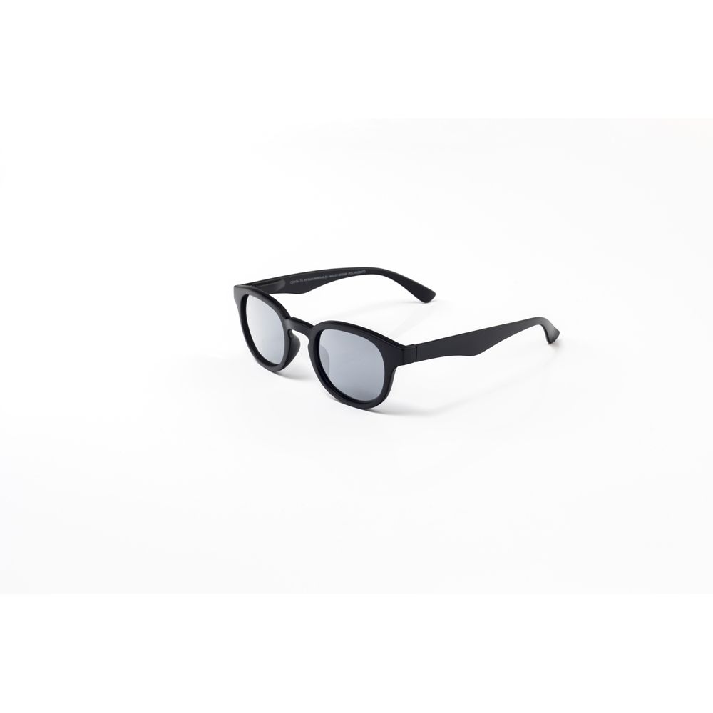 Schwarze Sonnenbrille mit polarisierten Gläsern und silbernen Spiegelgläsern.