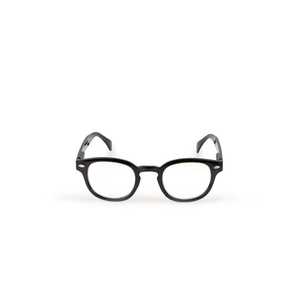 Schwarze Lesebrille mit rundem Rahmen und klaren Gläsern.
