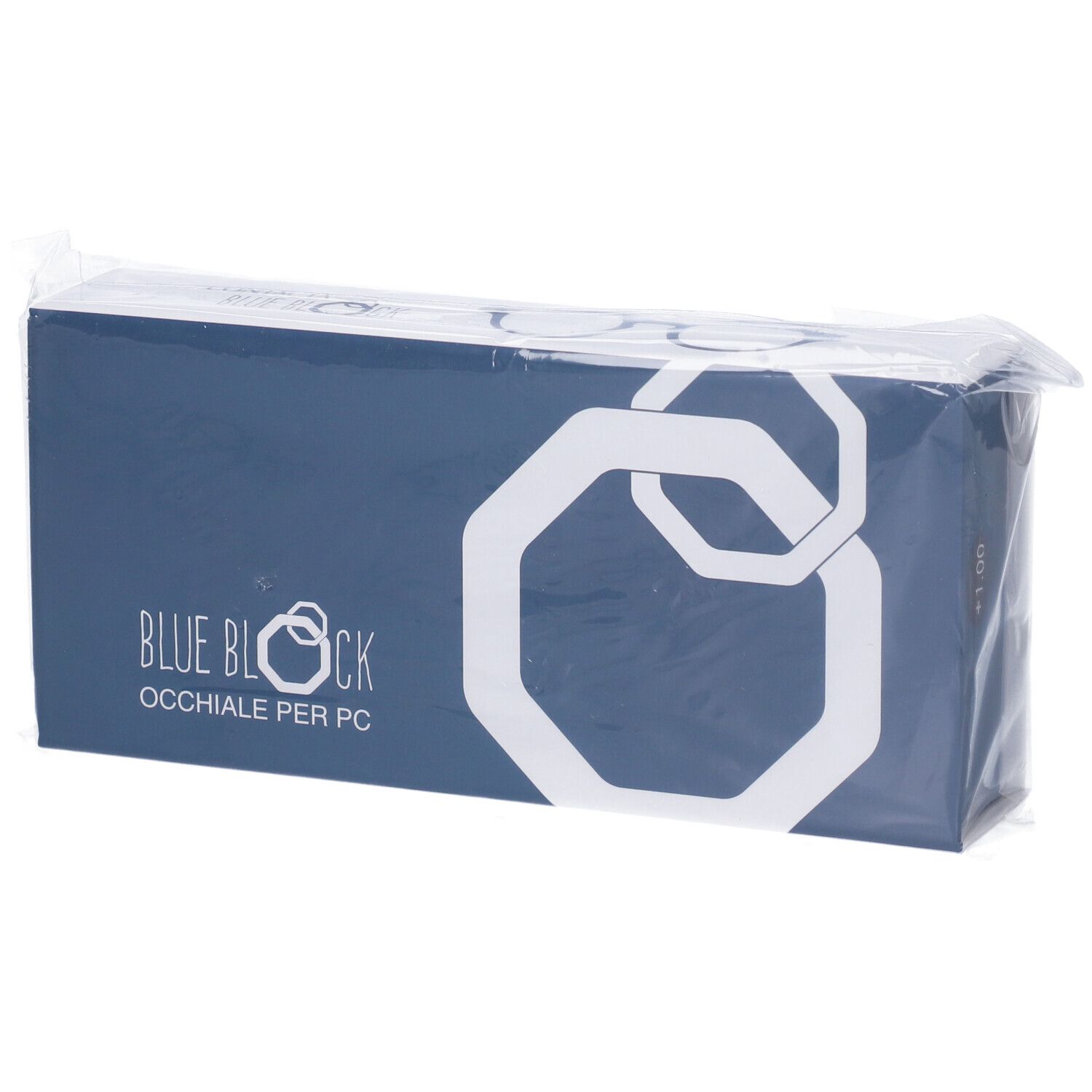 Blau-weiße Verpackung, eingeschweißt. Aufschrift: BLUE BLOCK OCCHIALE PER PC. Sechseck-Logo.