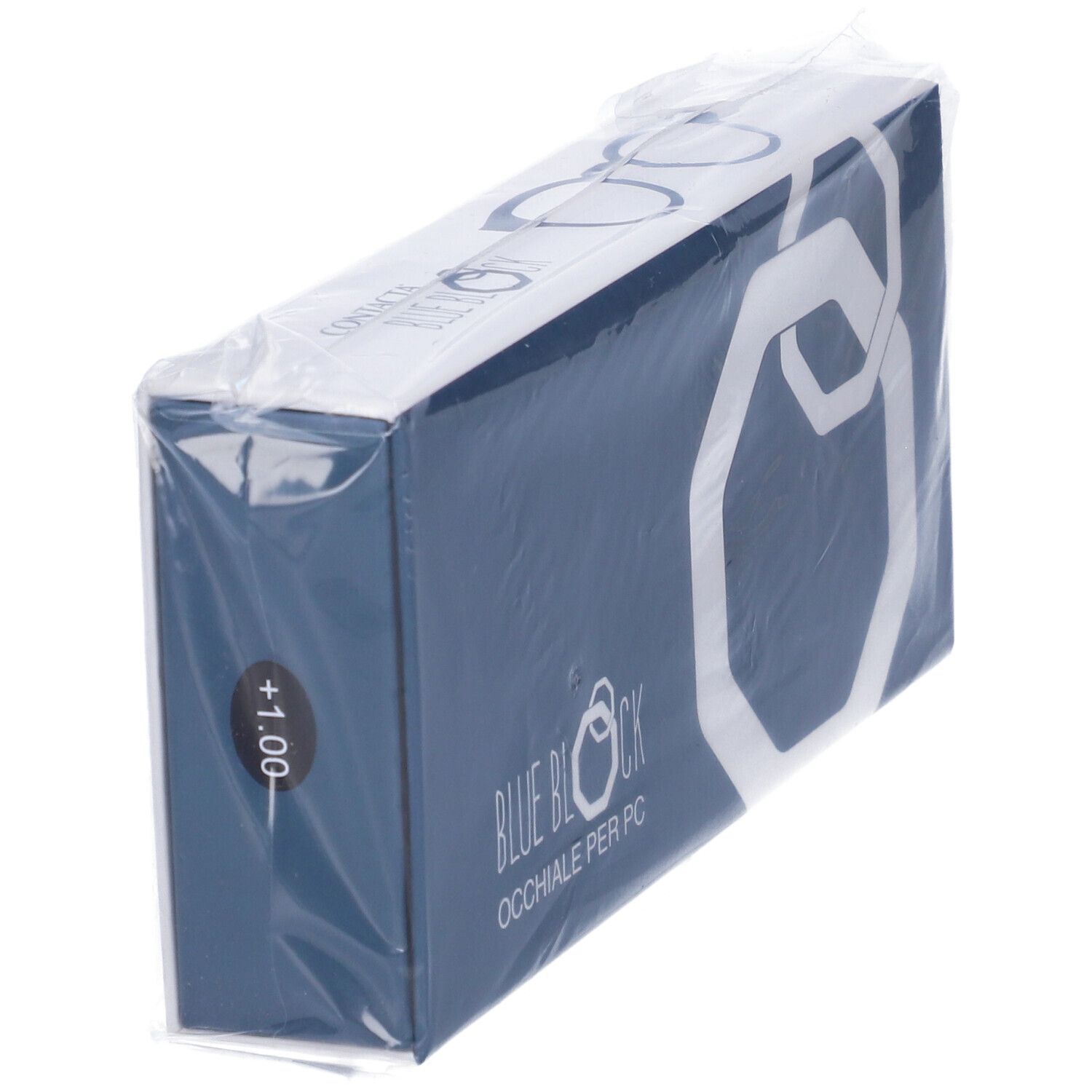 Blau-weiße Verpackung, eingeschweißt. Aufschrift: BLUE BLOCK OCCHIALE PER PC. +1.00 Aufkleber.