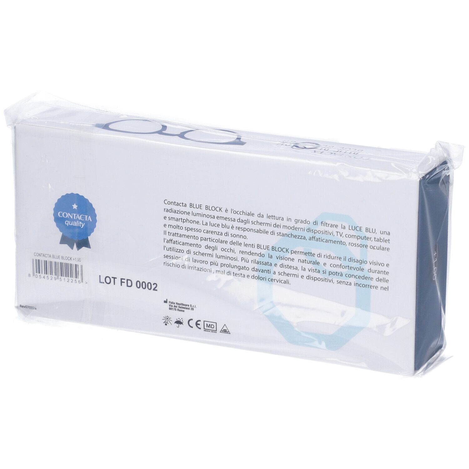 Rückseite der Verpackung. Text und Logo CONTACTA quality. Informationen und Logos.