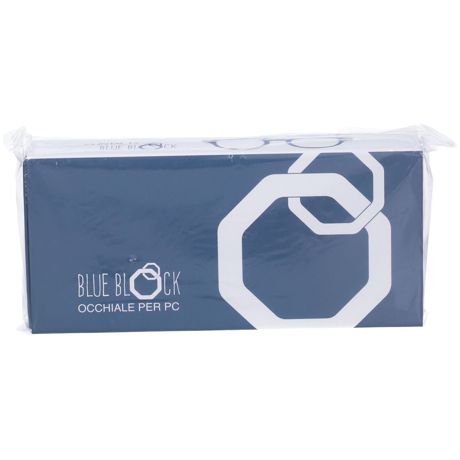 Blau-weiße Verpackung, eingeschweißt. Aufschrift: BLUE BLOCK OCCHIALE PER PC. Sechseck-Logo.