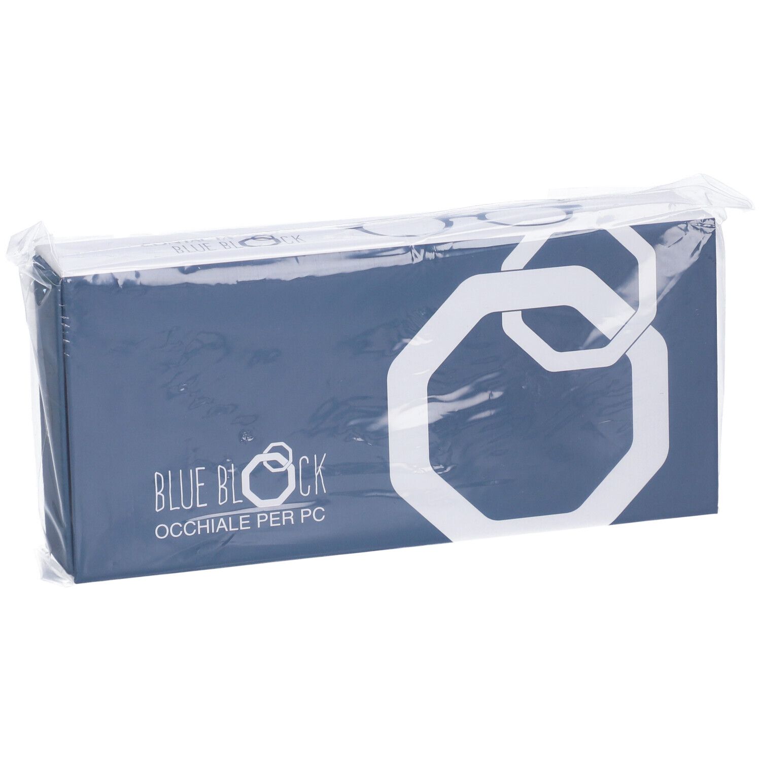 Blau-weiße Verpackung, eingeschweißt. Aufschrift: BLUE BLOCK OCCHIALE PER PC. Sechseck-Logo.