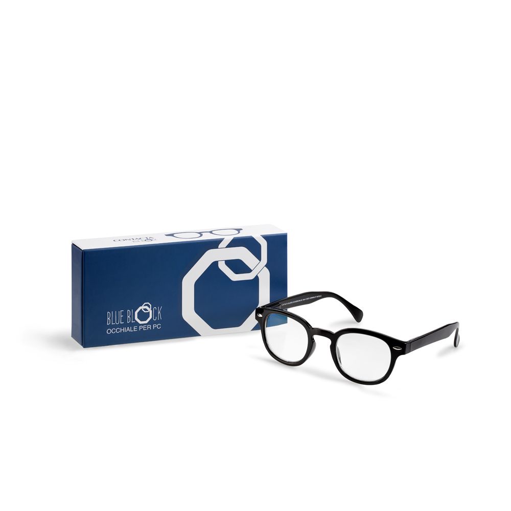 Schwarze Lesebrille neben einer blauen Verpackung mit der Aufschrift "BLUE BLOCK".