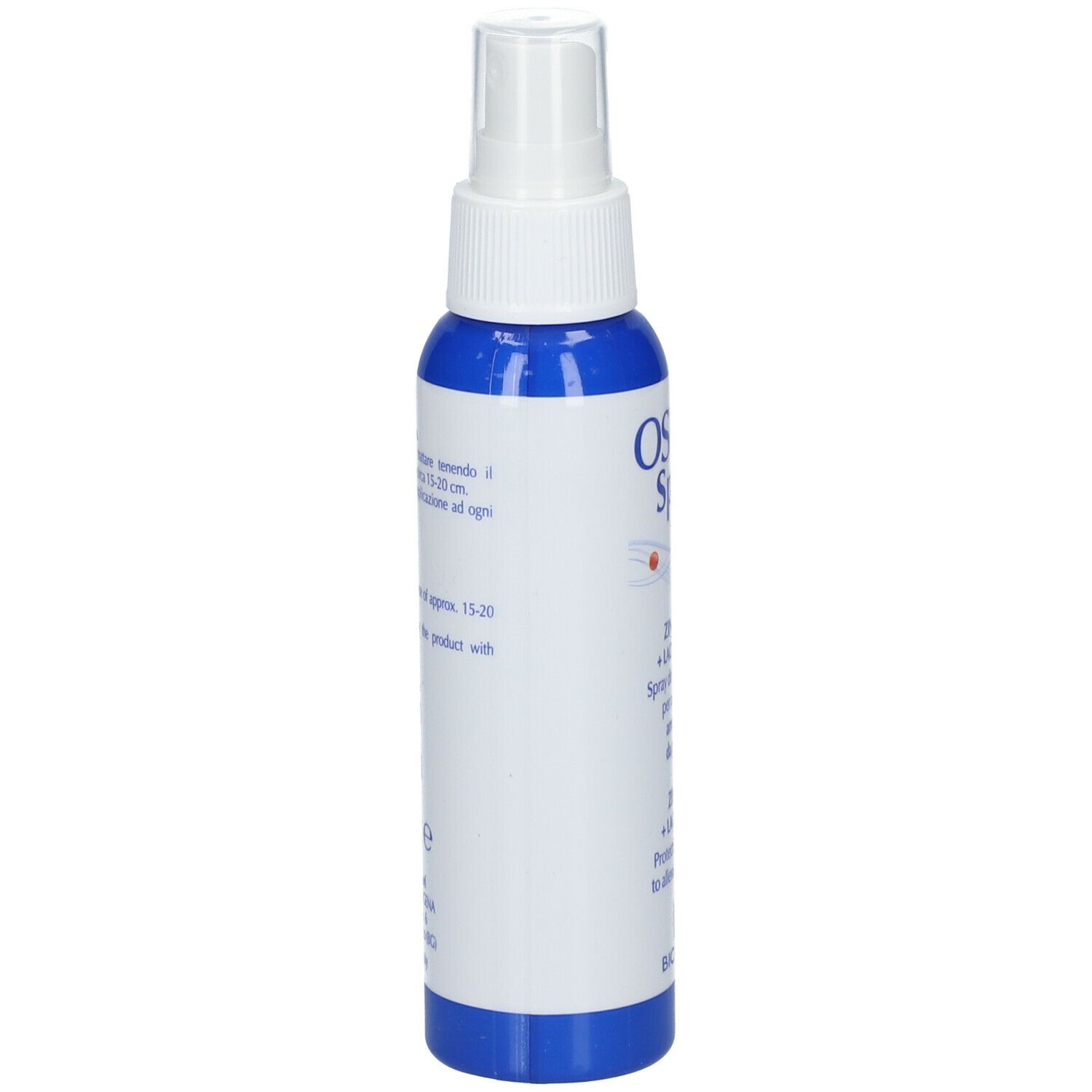 Retro del flacone blu Osmin Spray. Contiene istruzioni per l'uso. 90 ml. Logo Biogena.