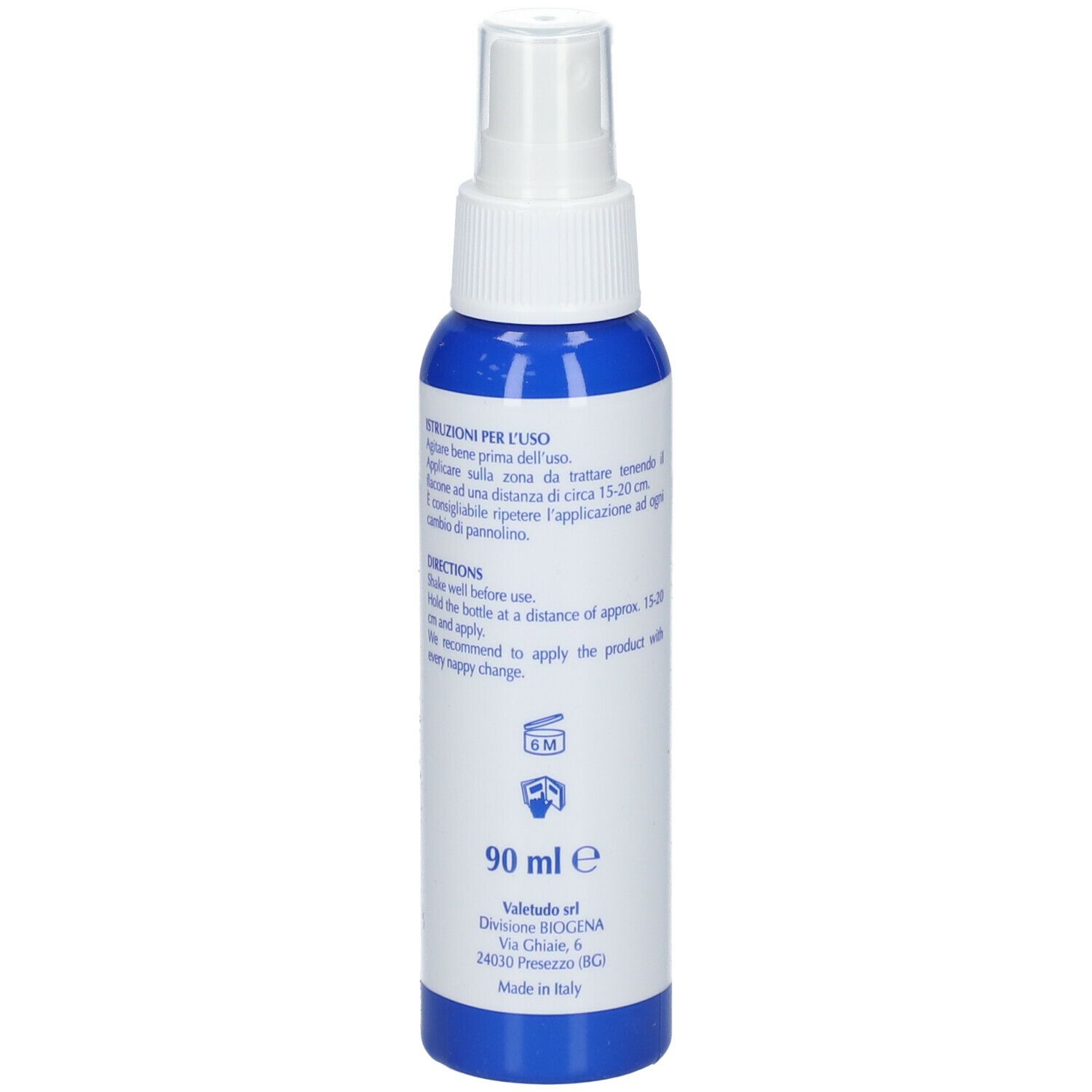 Retro del flacone blu Osmin Spray. Contiene istruzioni per l'uso. 90 ml. Logo Biogena.