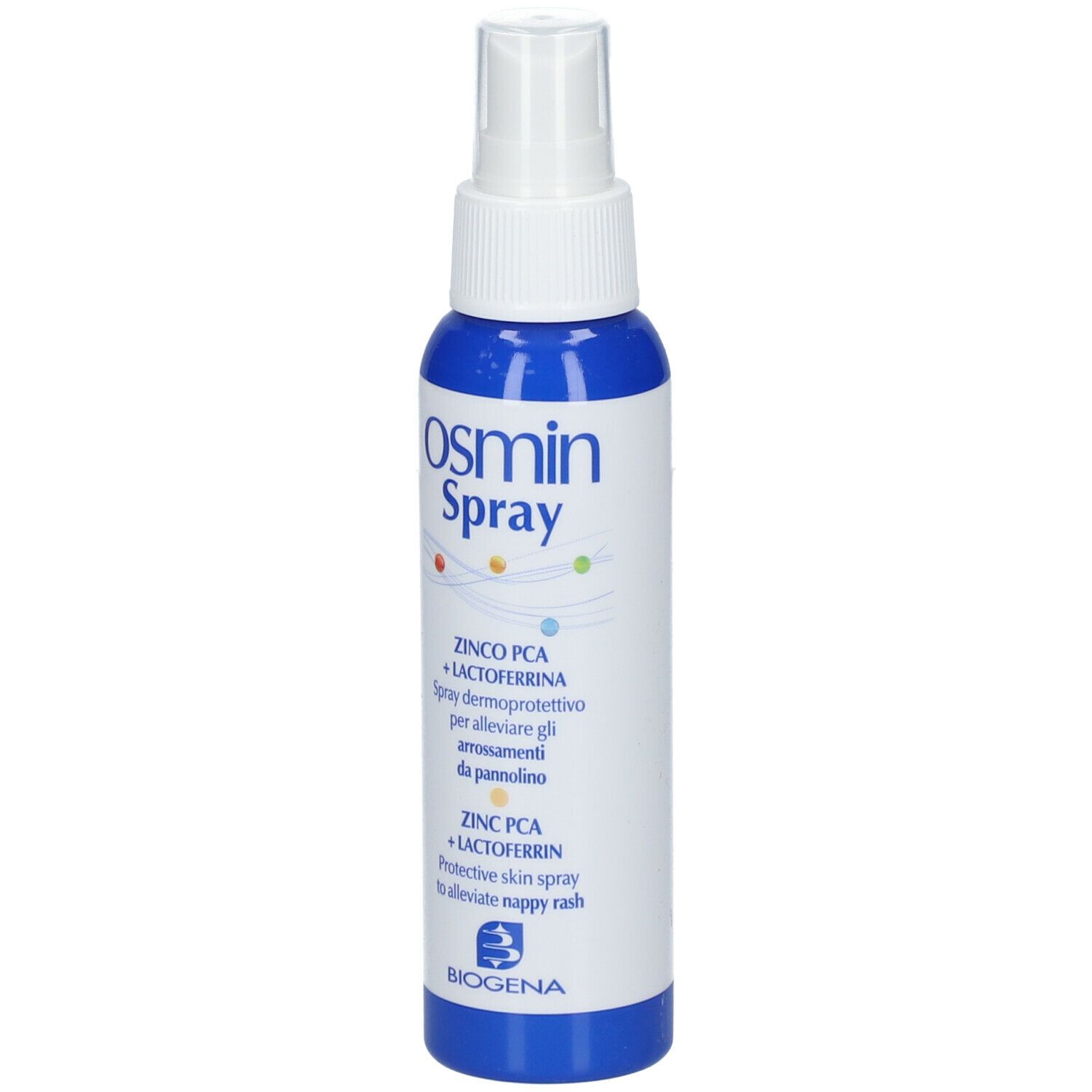 Flacone blu Osmin Spray. Contiene zinco PCA e lattoferrina. Protegge la pelle dagli arrossamenti da pannolino. Logo Biogena.