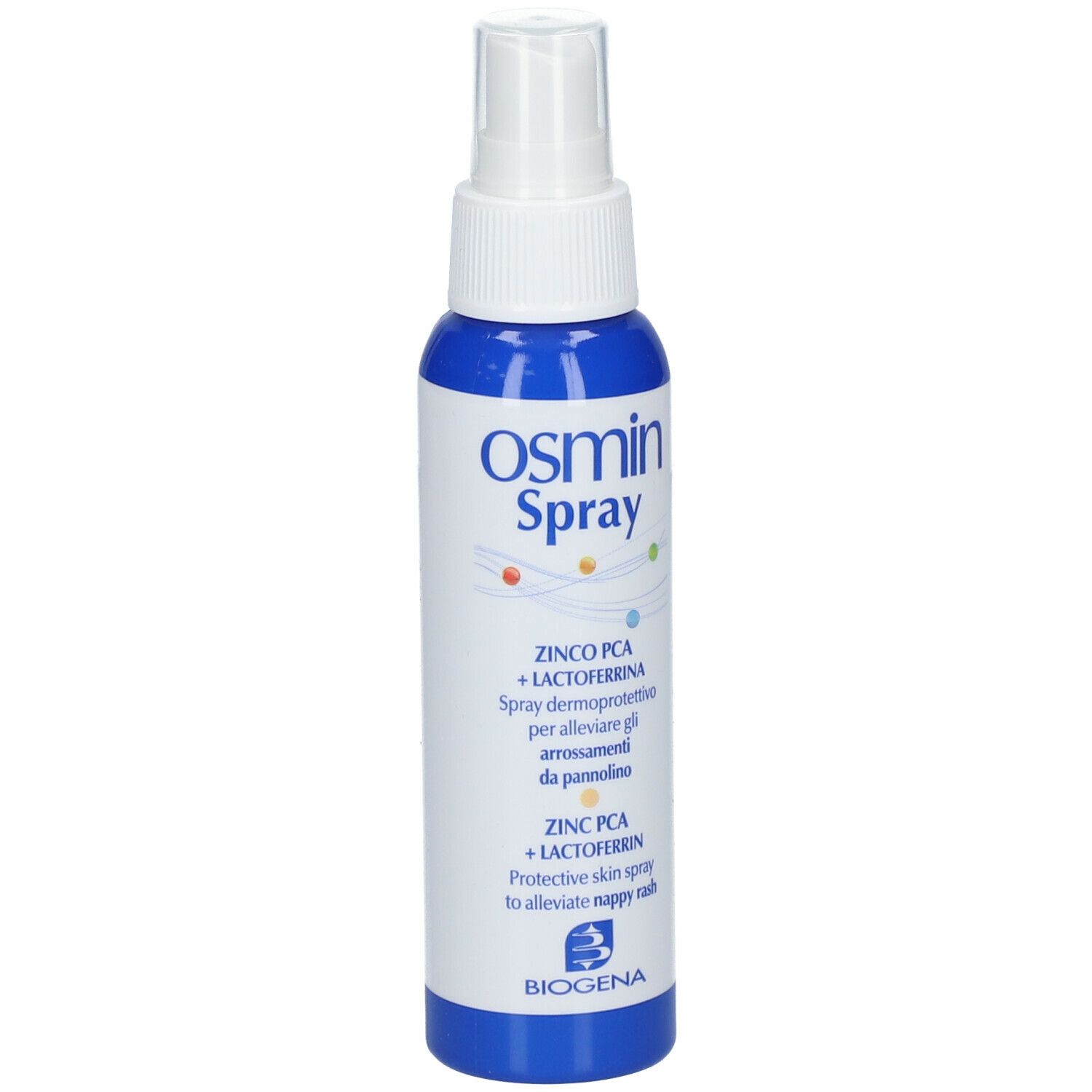 Flacone blu Osmin Spray. Contiene zinco PCA e lattoferrina. Protegge la pelle dagli arrossamenti da pannolino. Logo Biogena.
