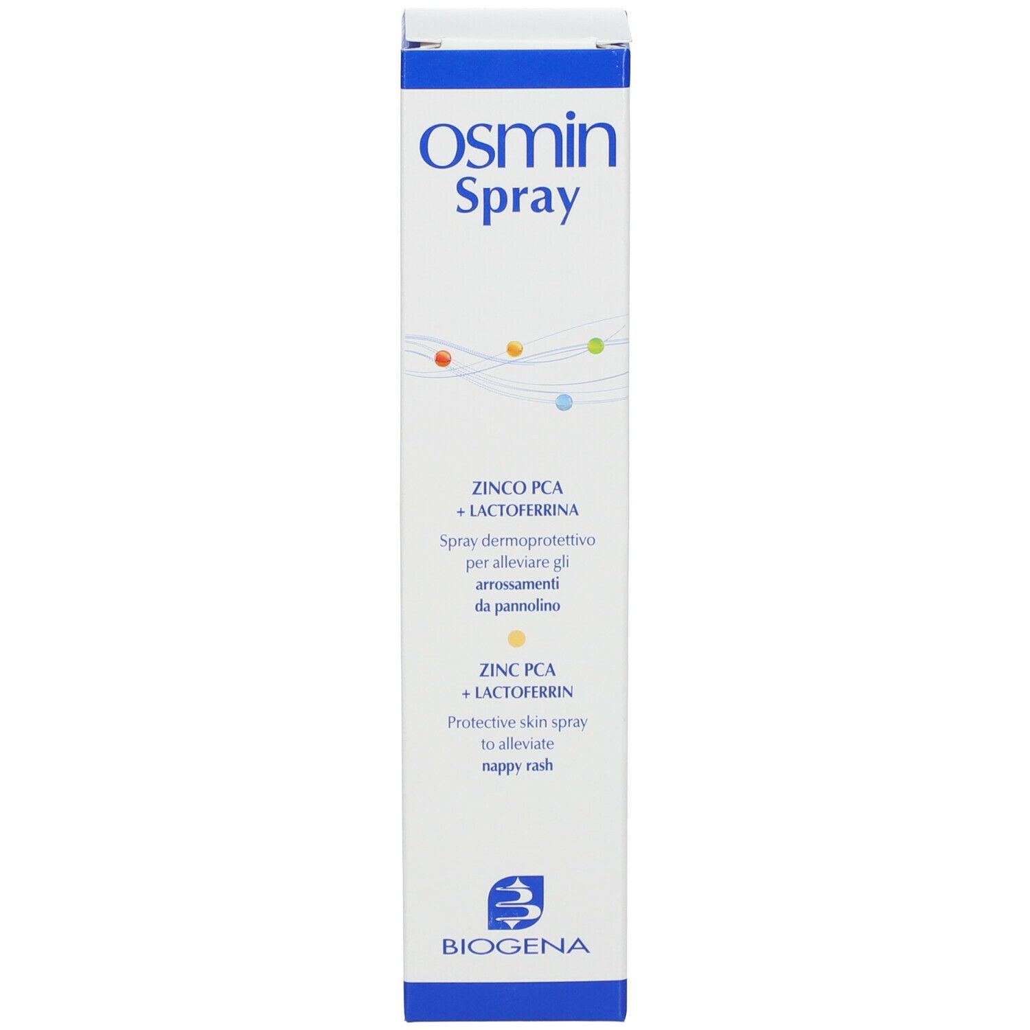 Confezione di Osmin Spray. Contiene zinco PCA e lattoferrina. Protegge la pelle dagli arrossamenti da pannolino. Logo Biogena.