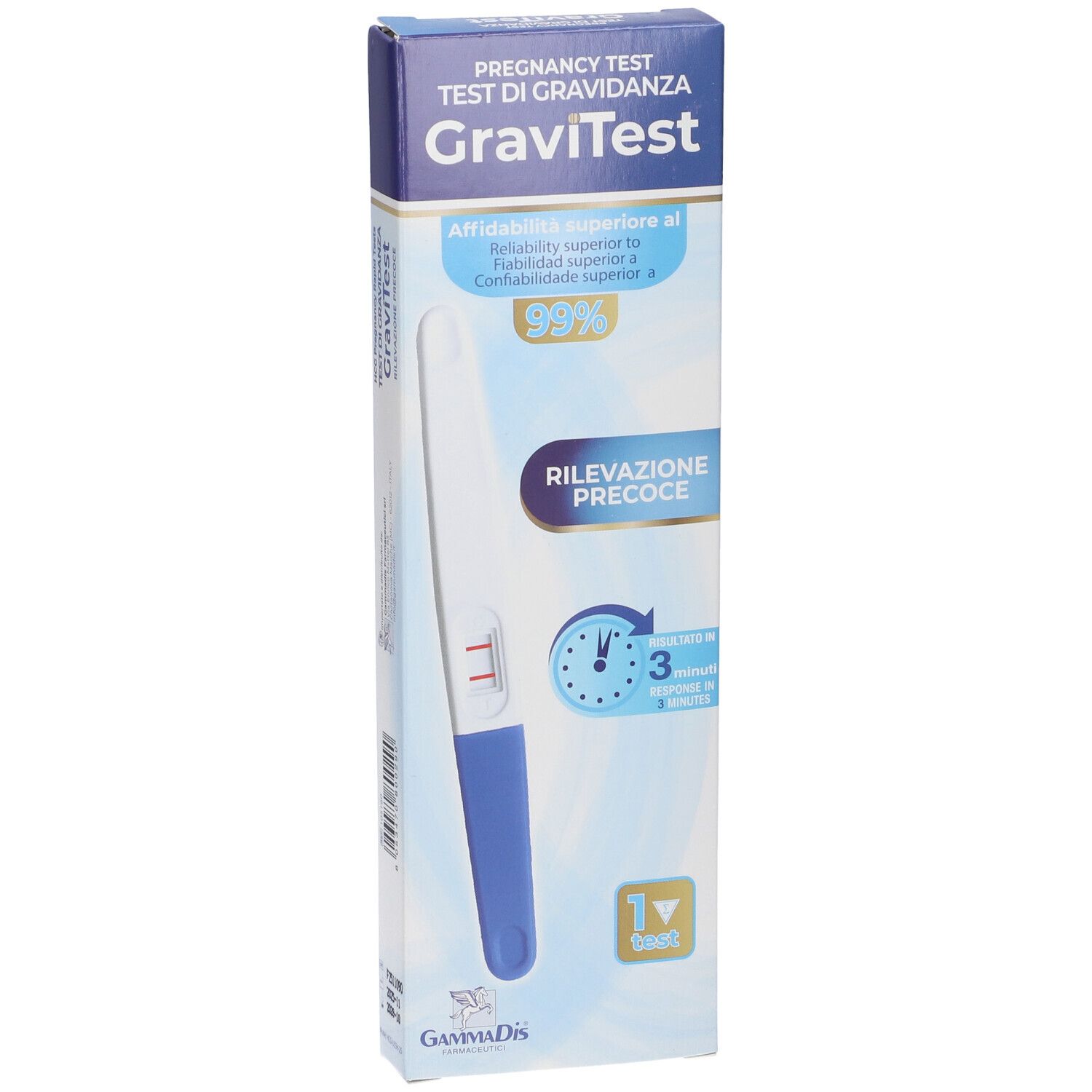 GraviTest Schwangerschaftstest-Verpackung mit Anzeige eines positiven Ergebnisses.