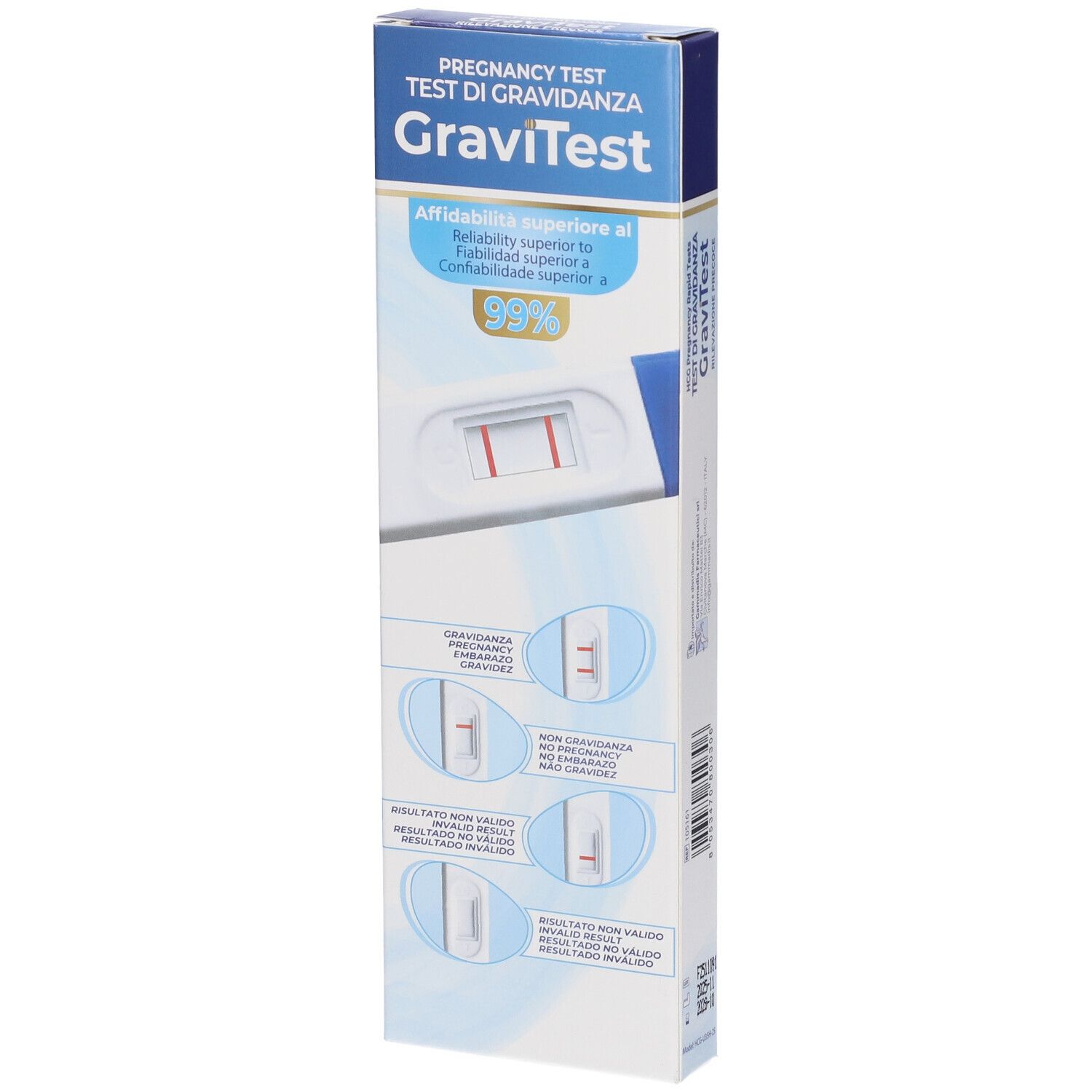 GraviTest Schwangerschaftstest-Box mit Abbildungen.