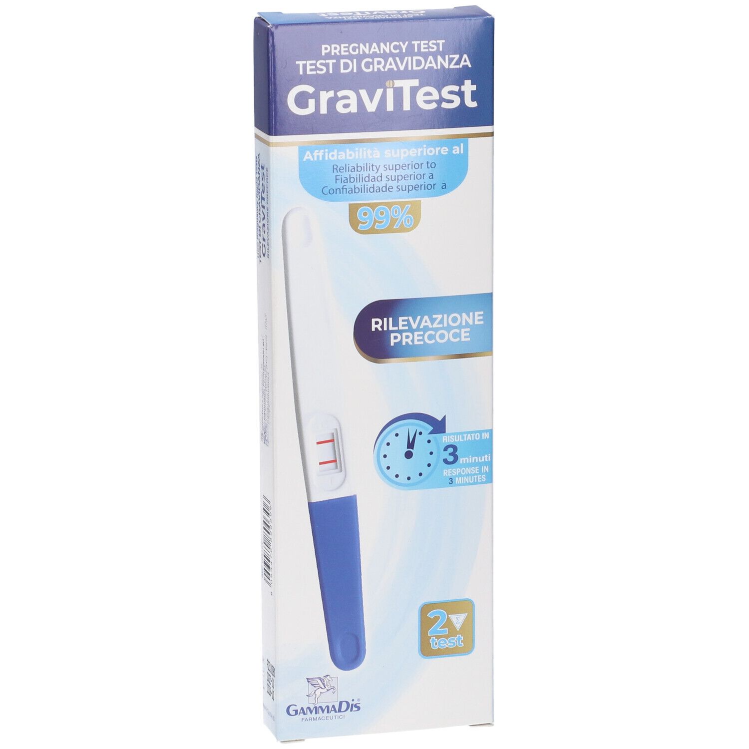 GraviTest Schwangerschaftstest-Box, Seitenansicht mit Detailabbildungen.