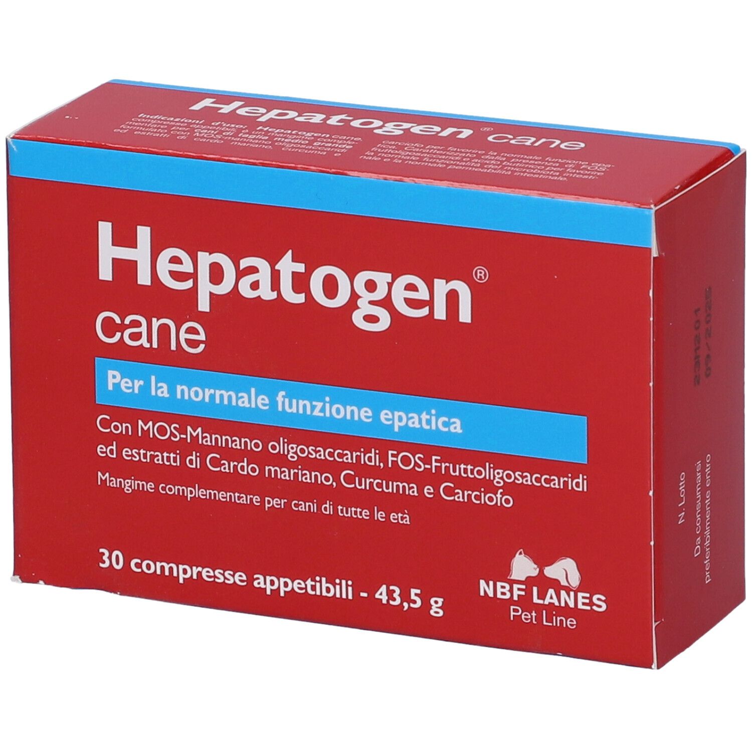 Scatola rossa con testo blu. Scritto: Hepatogen cane. Contiene 30 compresse. Marchio: NBF Lanes Pet Line.