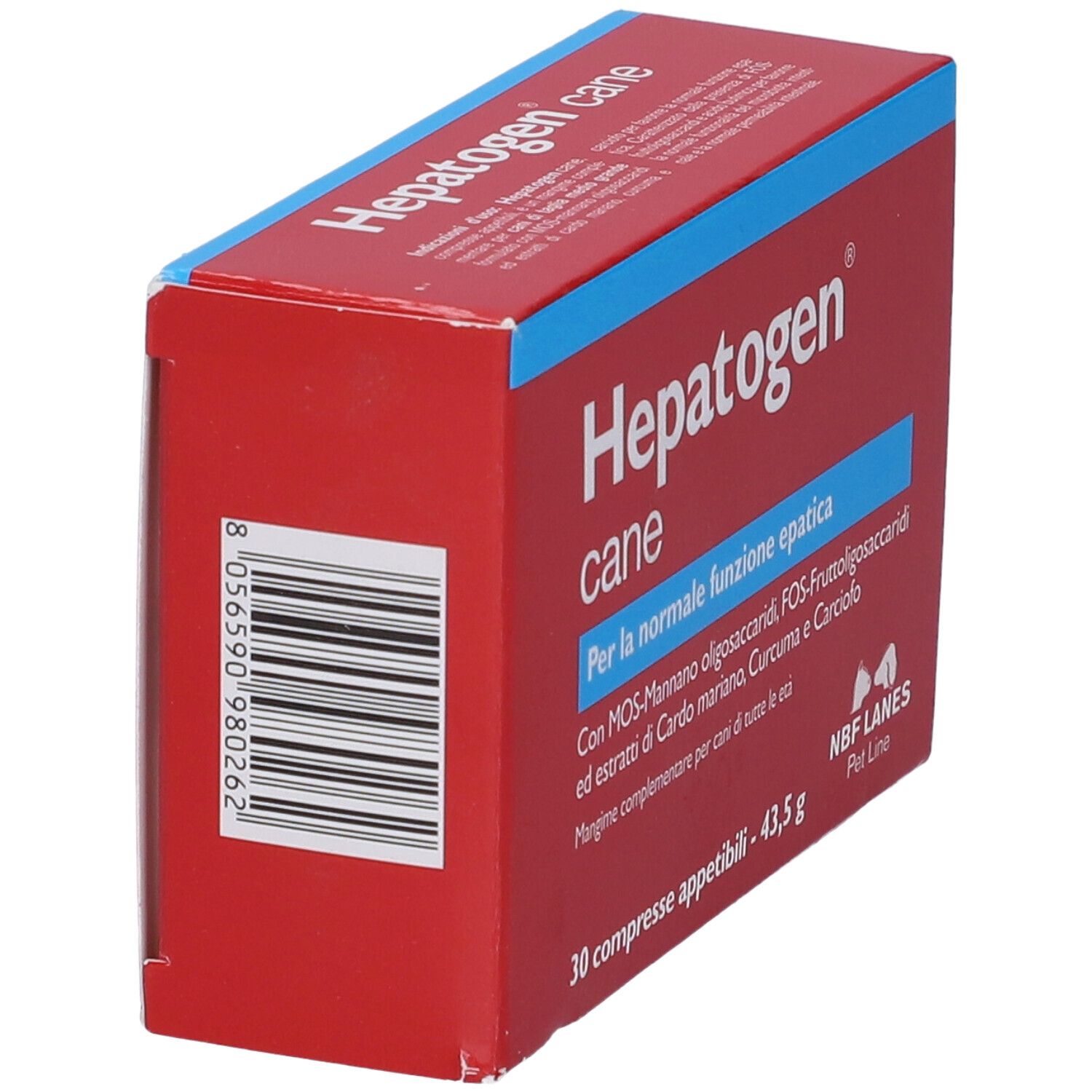 Scatola rossa con testo blu. Scritto: Hepatogen cane. Codice a barre e marchio: NBF Lanes Pet Line.